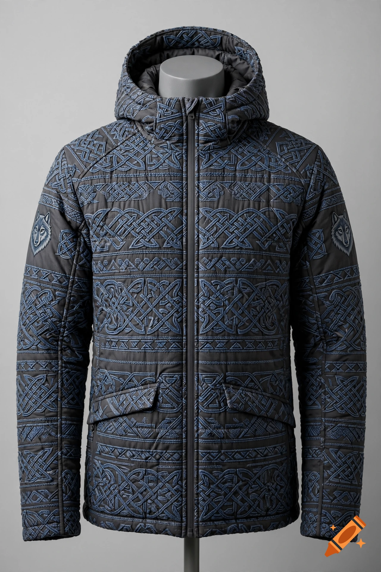 Dark grey winter jacket with blue Nordic Viking embroidery and a hooded design on a grey mannequin.