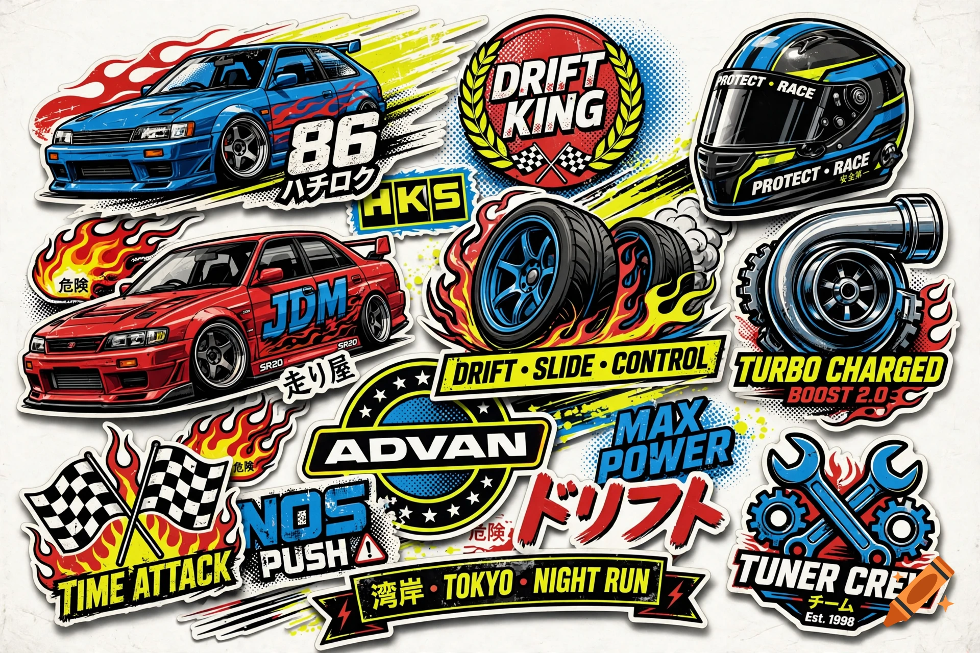 A collage of various JDM racing and drift style stickers featuring cars, helmets, and Japanese text.