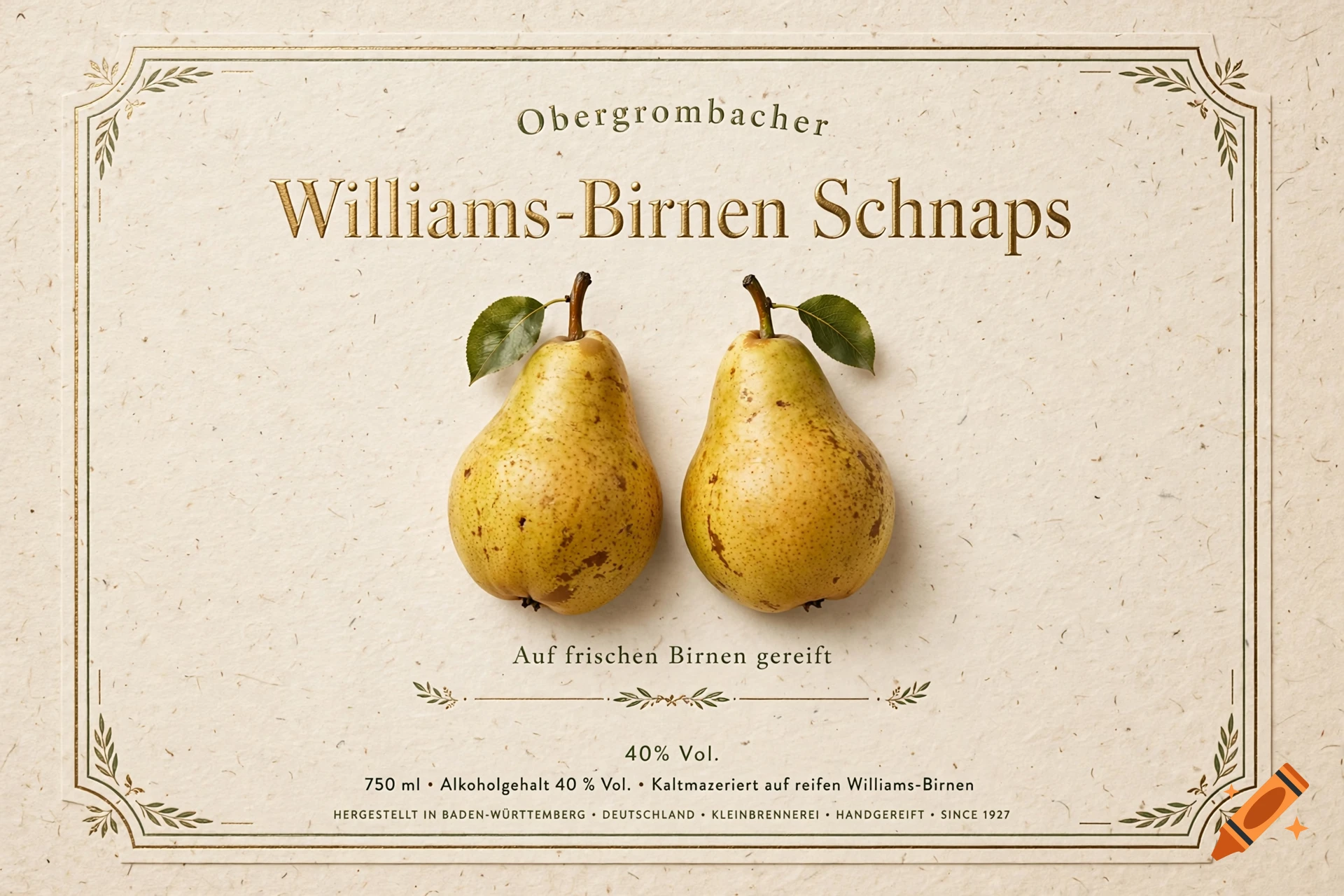 Photorealistic label for Williams-Birnen Schnaps featuring two yellow pears with leaves on textured cream paper.