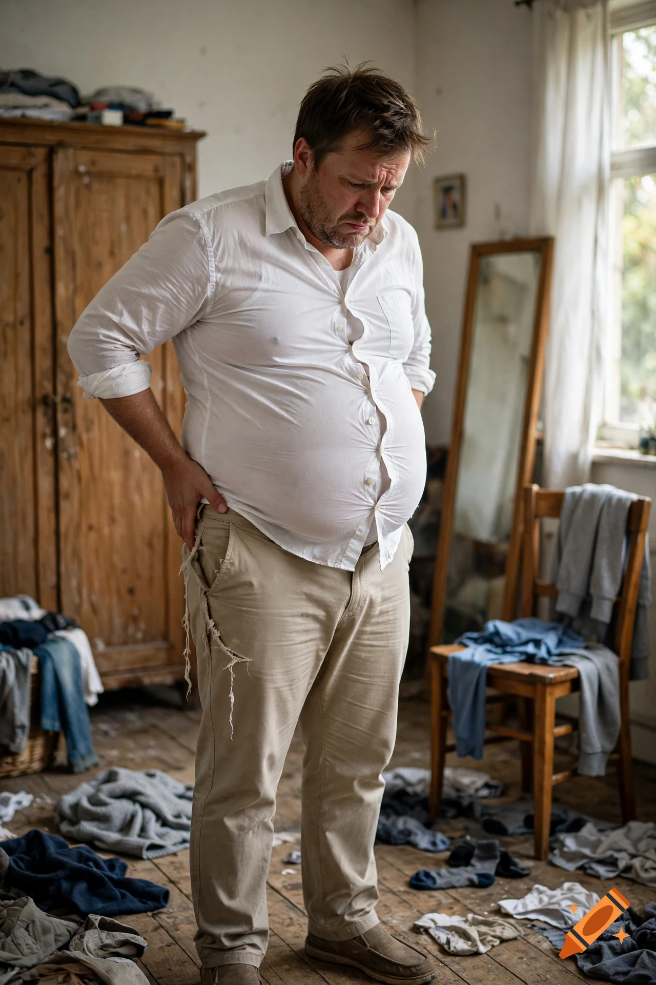 An overweight man wearing a tight white button-down shirt and beige pants in a messy room filled with clothes.