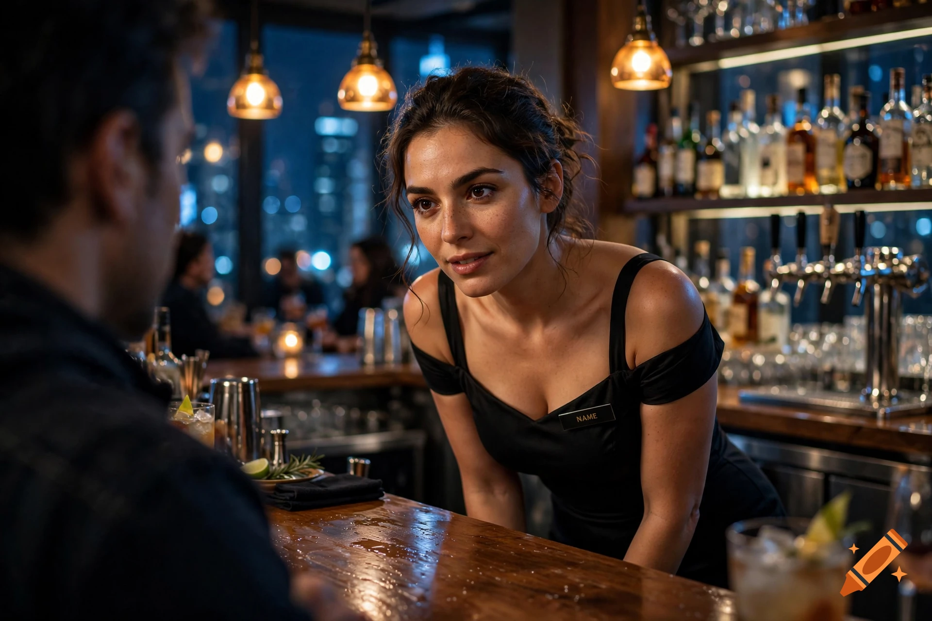 Photorealistic image of a female bartender leaning over a wooden counter in a dimly lit bar, talking to a patron.
