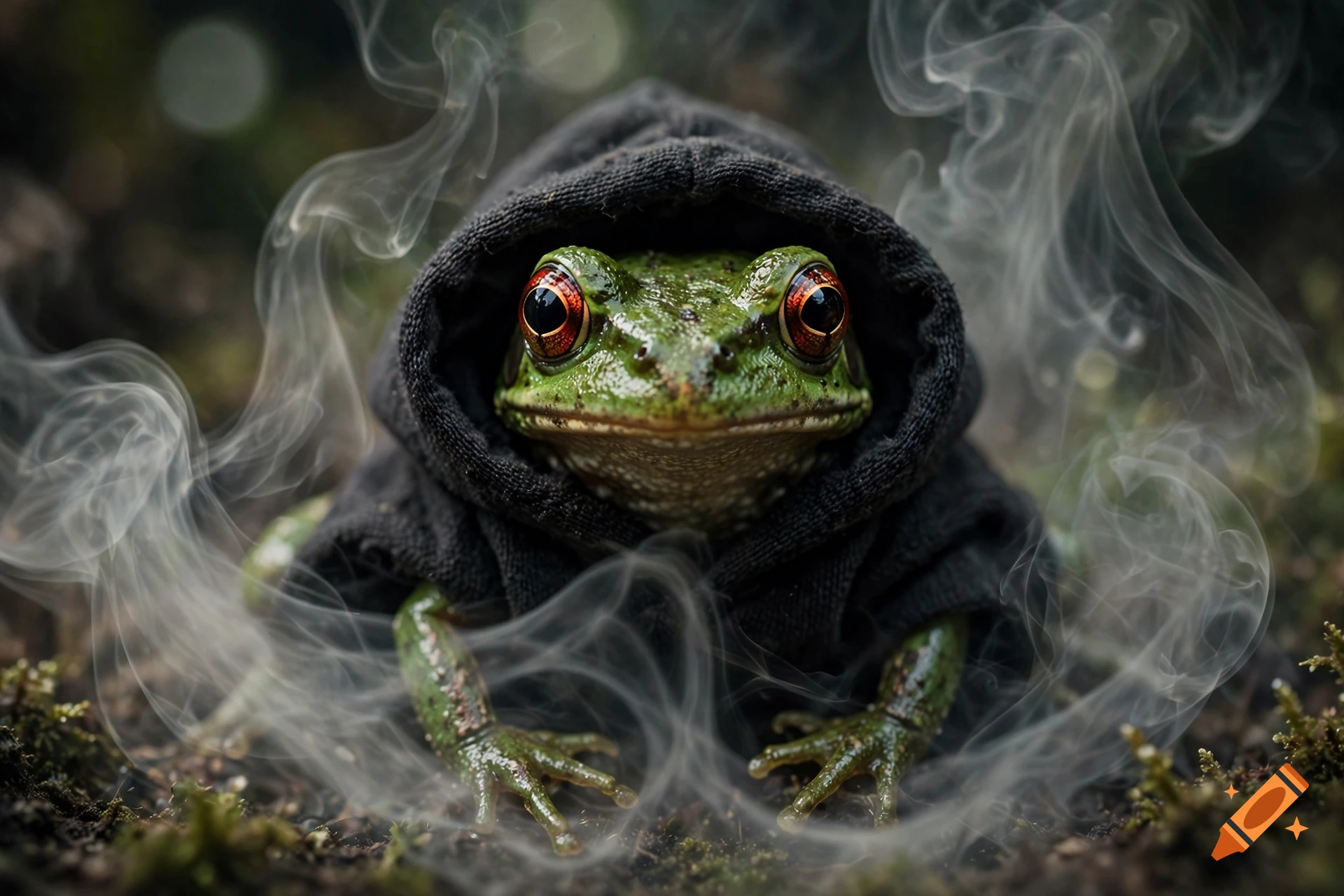 Photorealistic image of a green frog wearing a black hooded cloak, with glowing red eyes, surrounded by rising smoke.