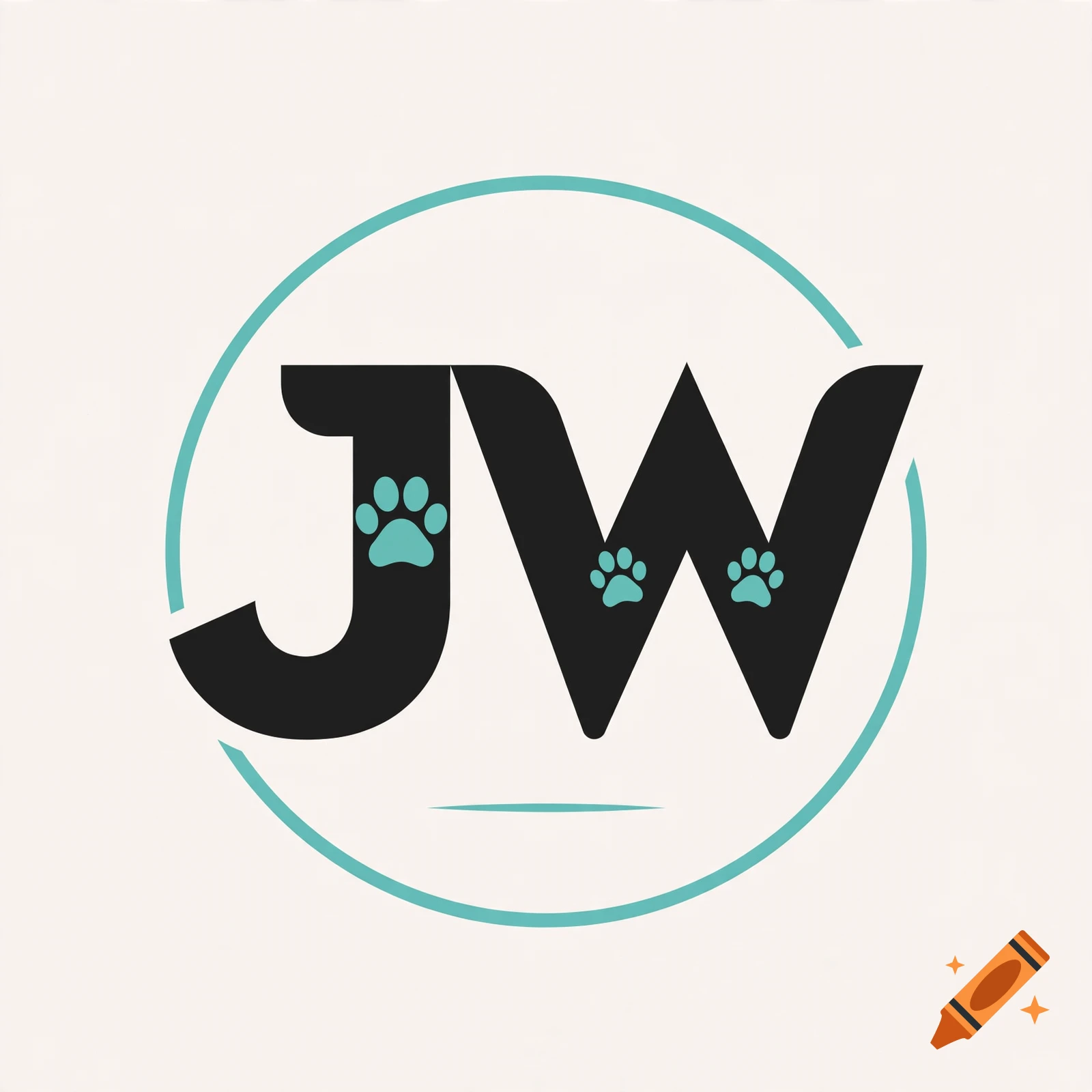 Minimalist circular logo featuring the letters JW in black with turquoise paw print patterns inside, on a light beige background.
