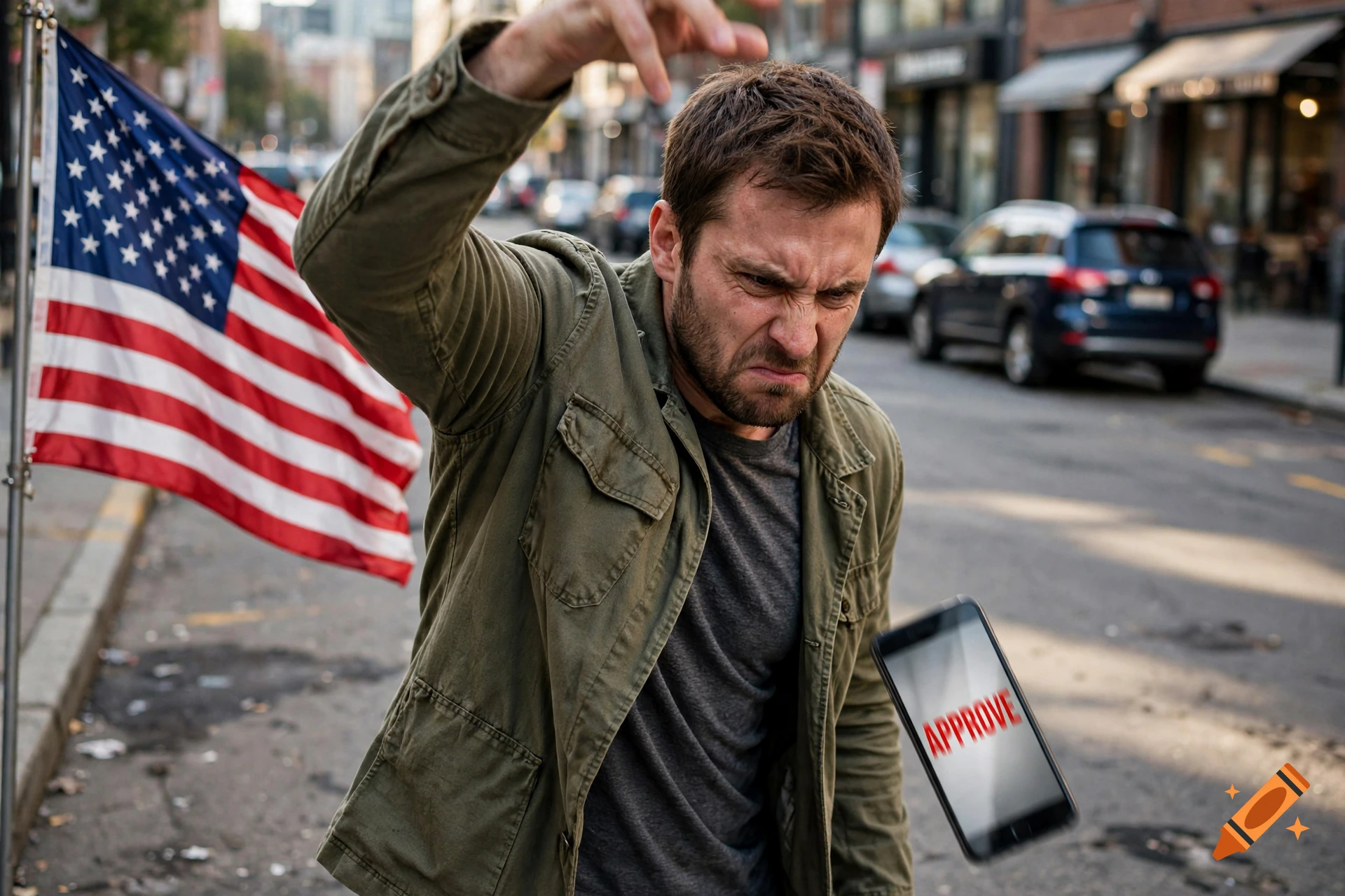 An angry man in a green jacket on a city street, about to throw his phone which displays red 'APPROVE' text, with an American flag nearby.