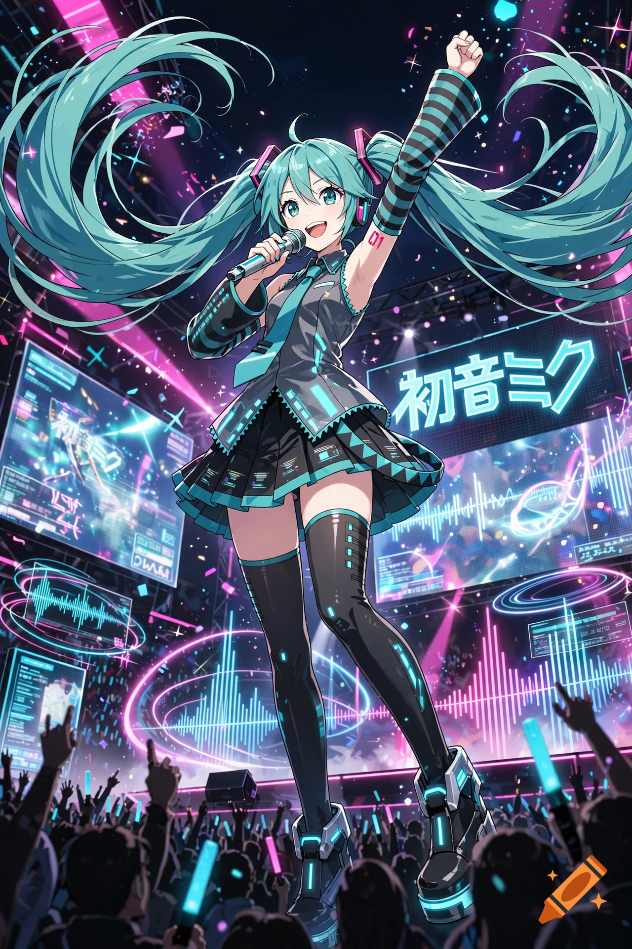 Anime style illustration of Hatsune Miku singing on a stage with a cheering crowd and glowing neon screens.
