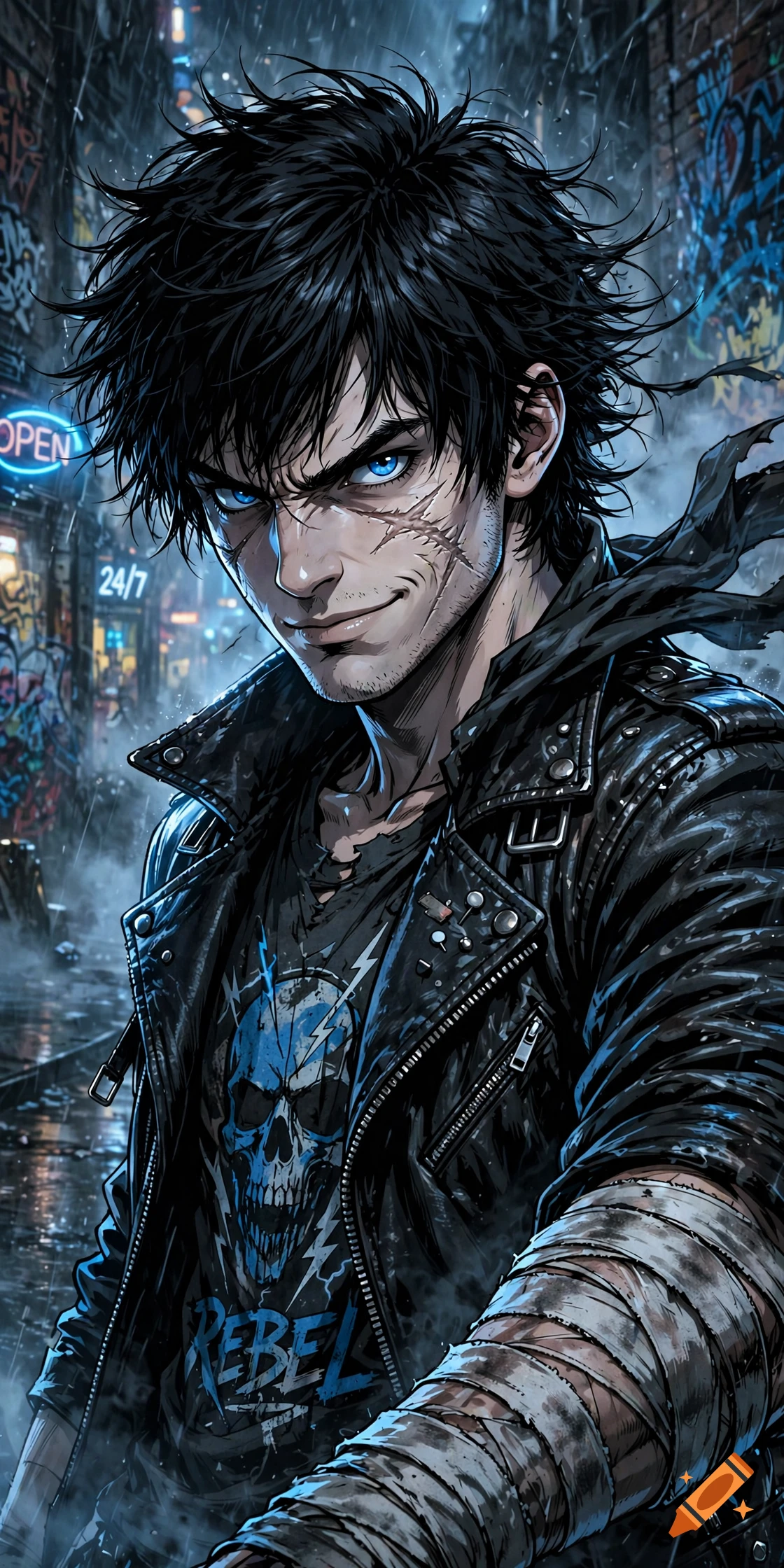 Close-up anime style illustration of a rebellious young man with black hair, blue eyes, scar, and bandages in a city alley at night.