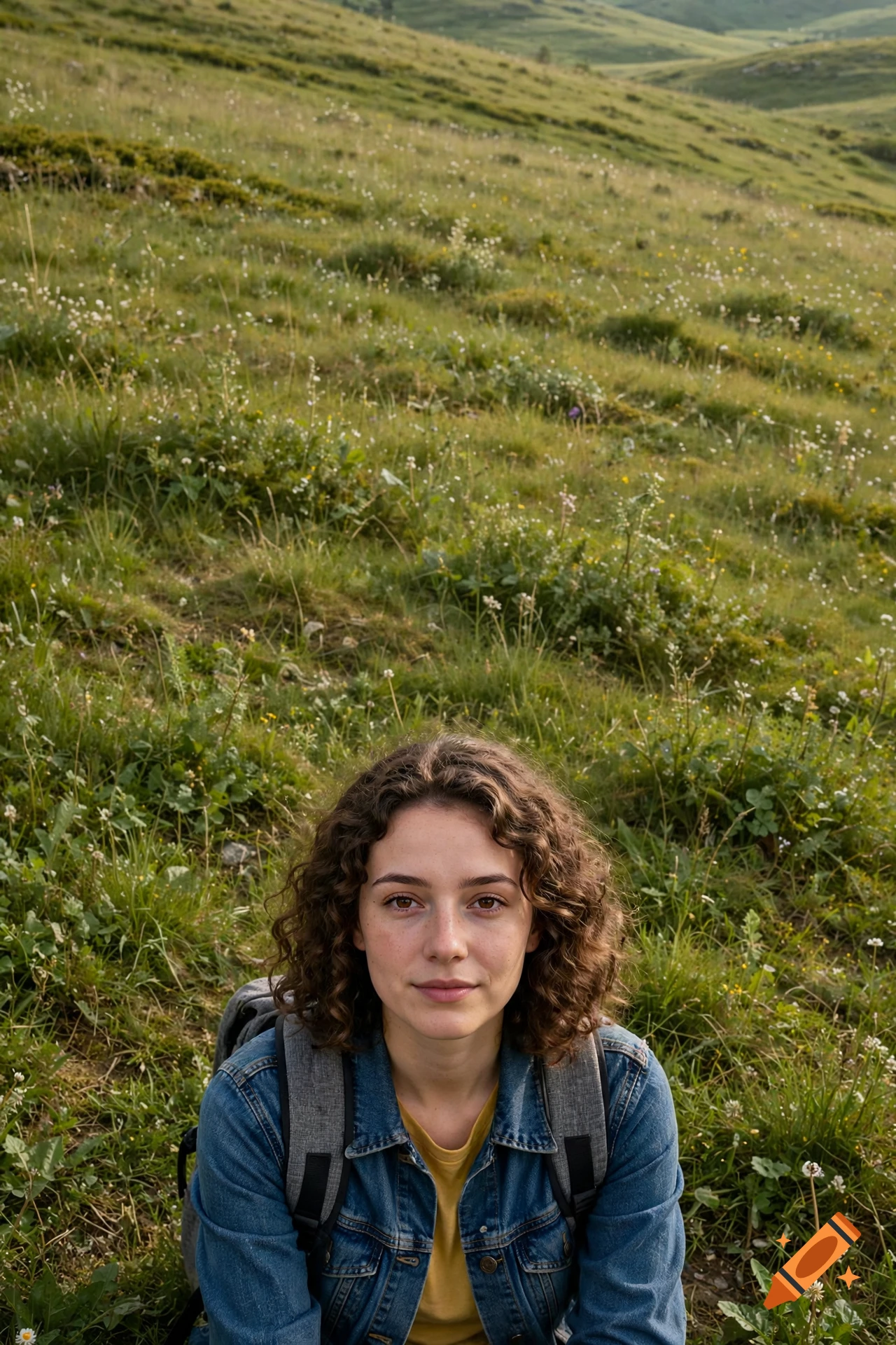 Photorealistic portrait of a young woman with curly brown hair wearing a denim jacket outdoors with a grassy hill background.