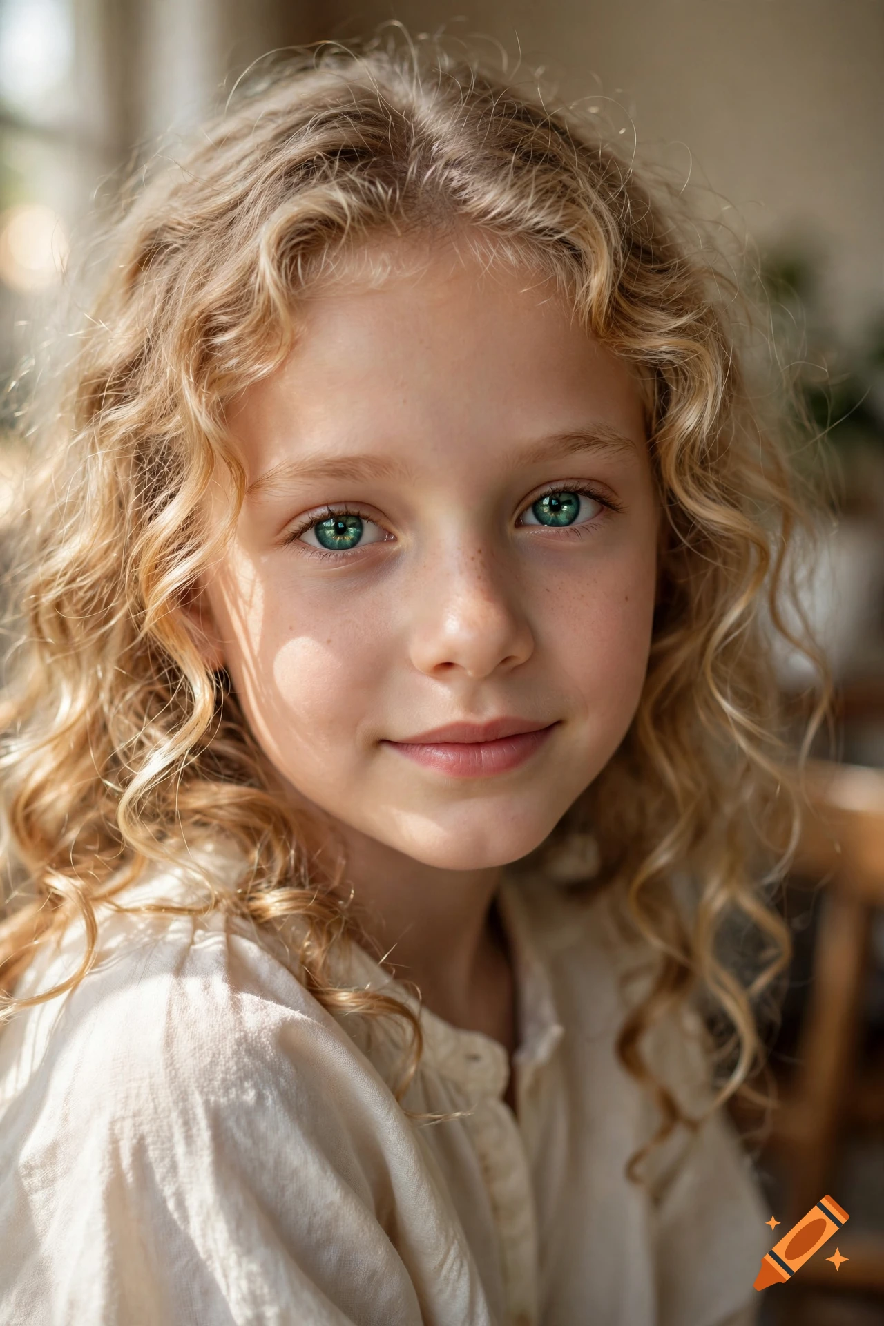 Close-up photorealistic portrait of a young girl with curly blonde hair and sea-green eyes, looking directly at the camera with gentle sunlight.