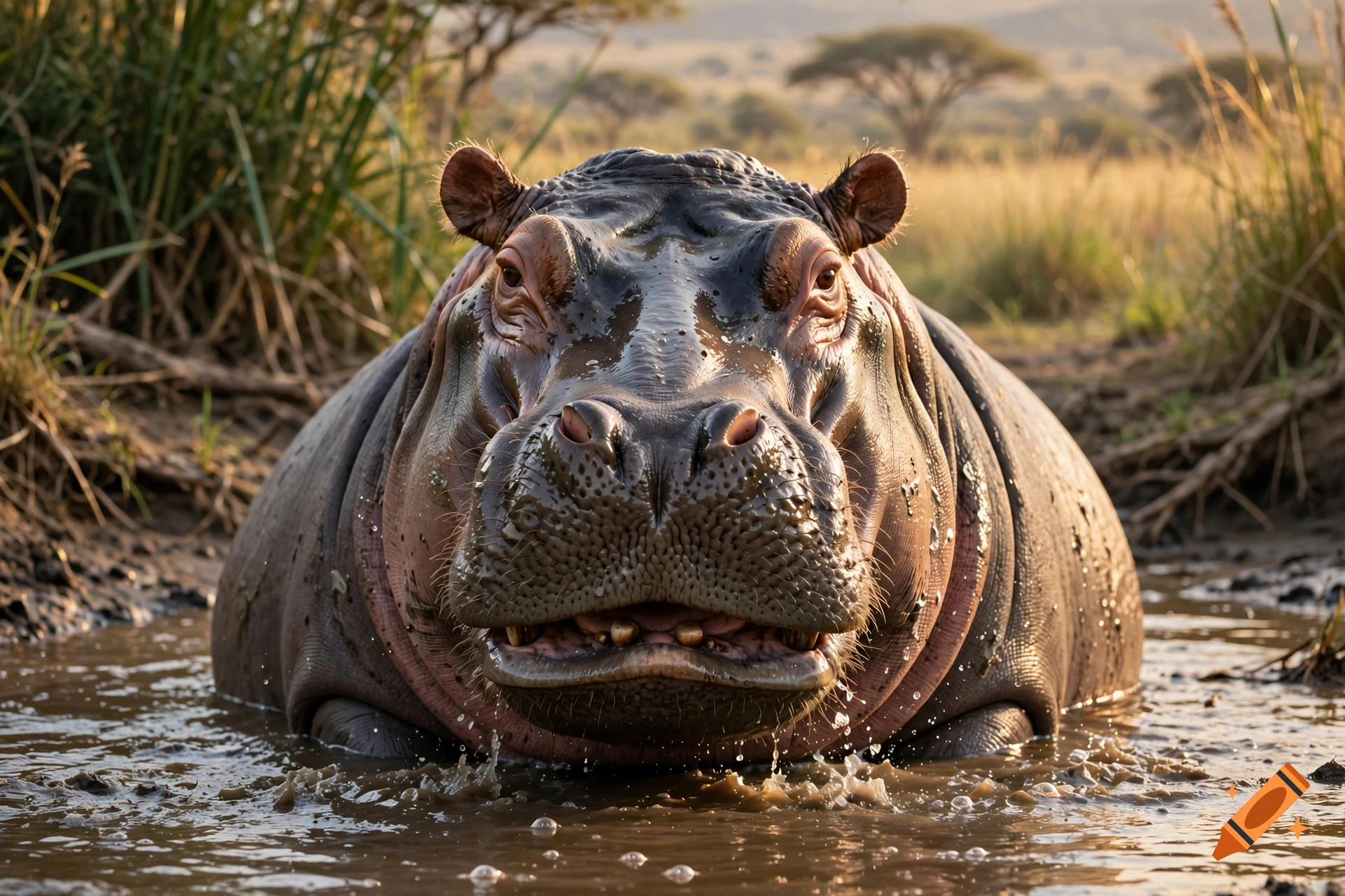 Photorealistic close-up of a hippopotamus in a muddy watering hole in the savannah.