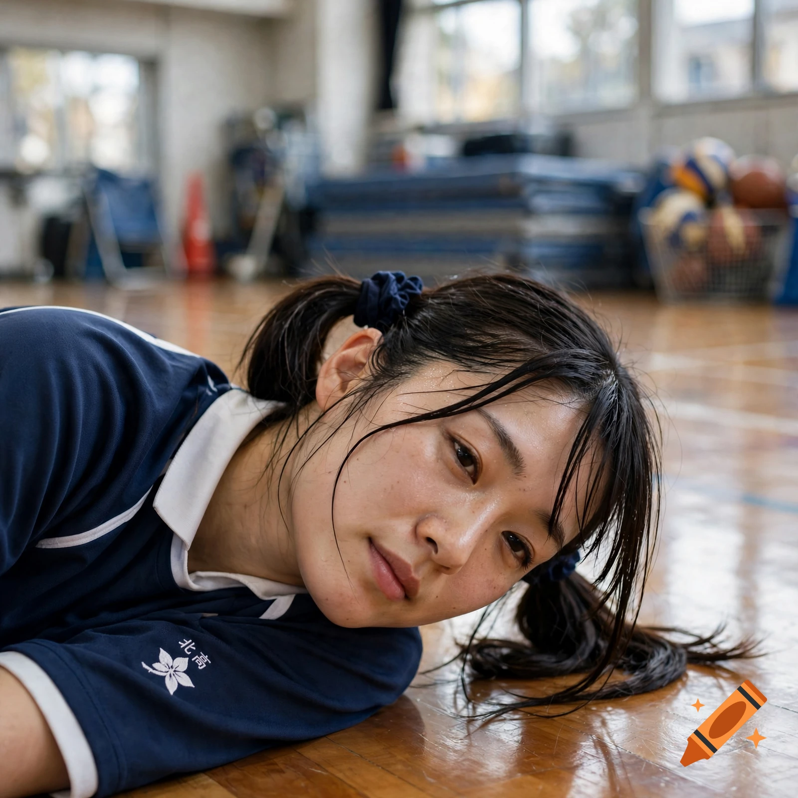 Close-up photo of a sweating Japanese girl with pigtails in a school gym wearing navy blue gym wear, lying on the floor.
