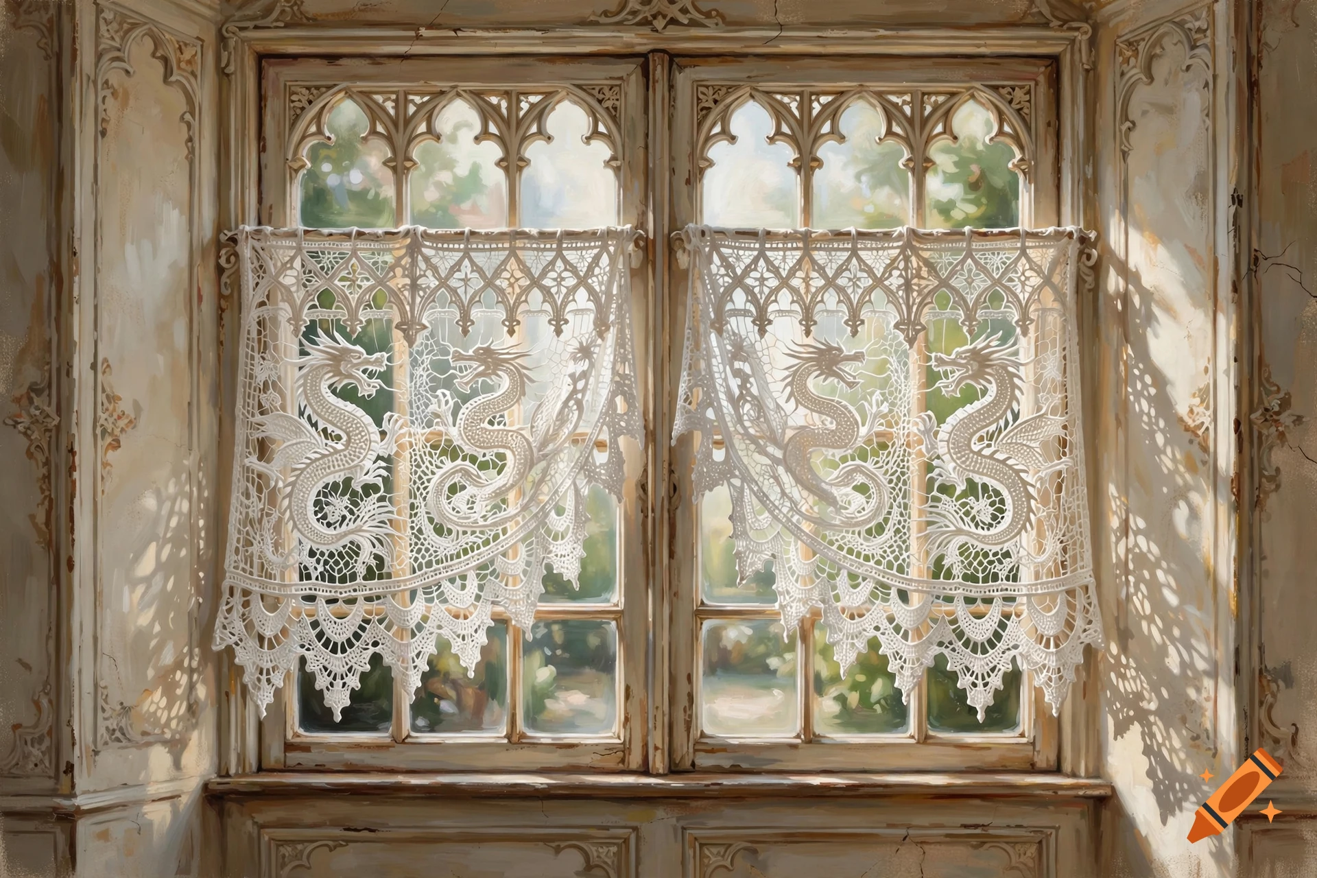 An antique double window with detailed white lace curtains featuring dragon motifs in a gothic style.