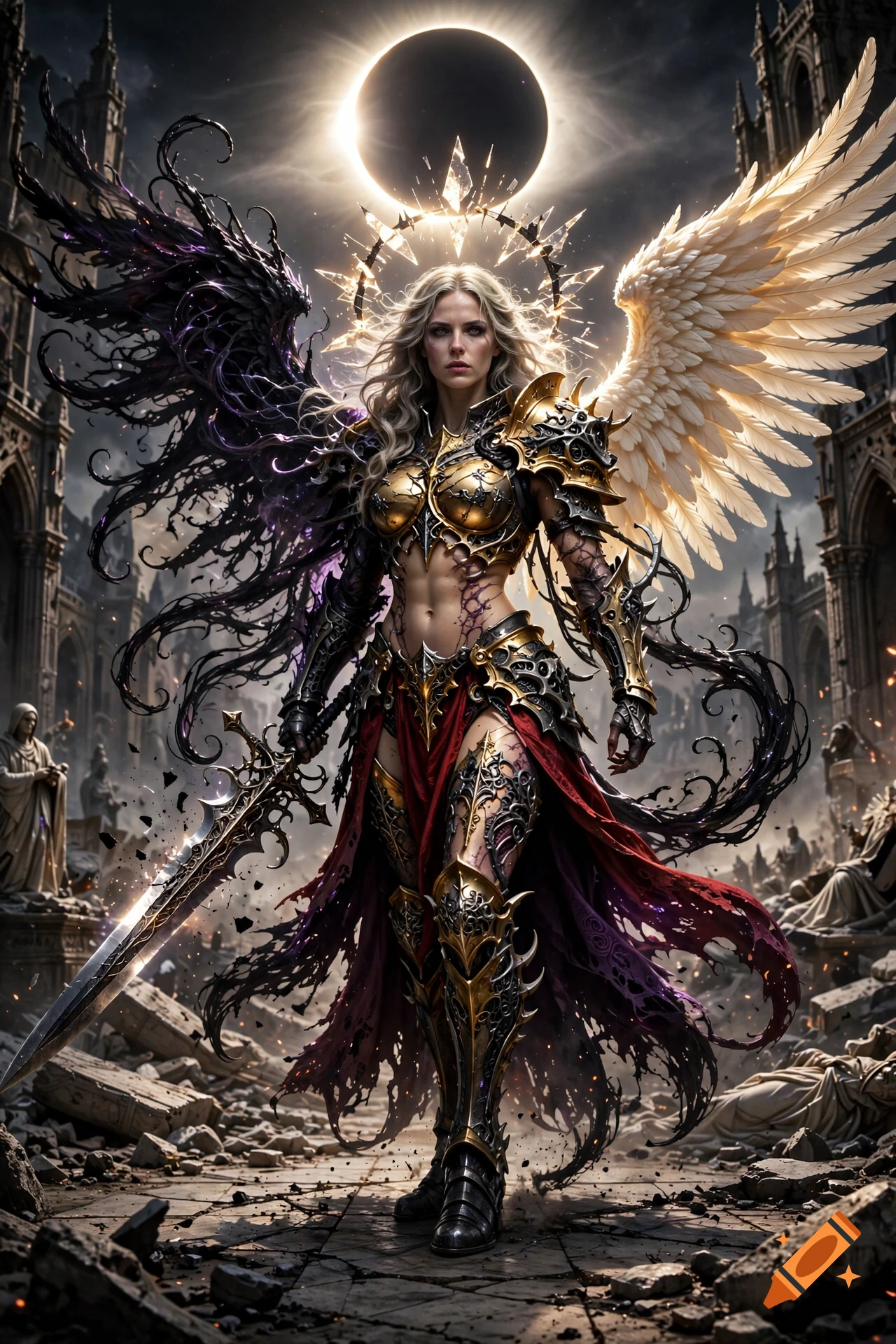 A powerful angelic warrior with glowing black and white wings, ornate armor, and a glowing sword standing amidst ruins under an eclipse.