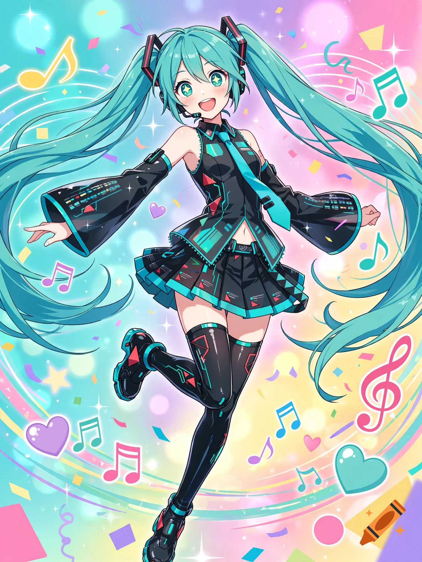 Colorful anime illustration of Hatsune Miku dancing surrounded by music notes and glowing confetti.