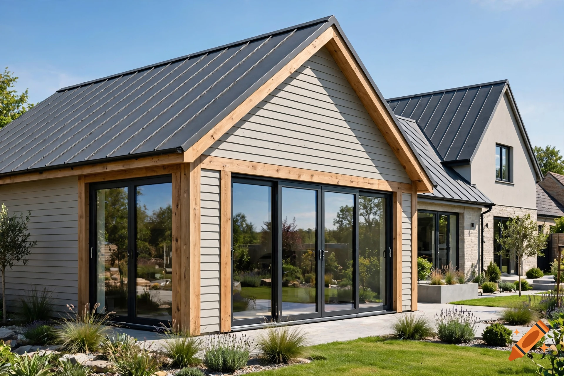 Photorealistic architectural shot of a modern house with wooden frame extension, dark grey standing seam roof, and large glass sliding doors.