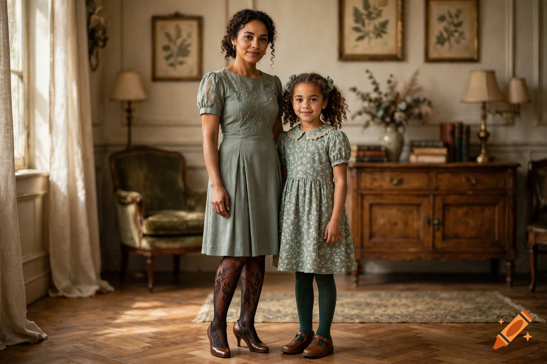 Photorealistic portrait of a woman and a young girl wearing matching vintage green dresses standing in a classic room.