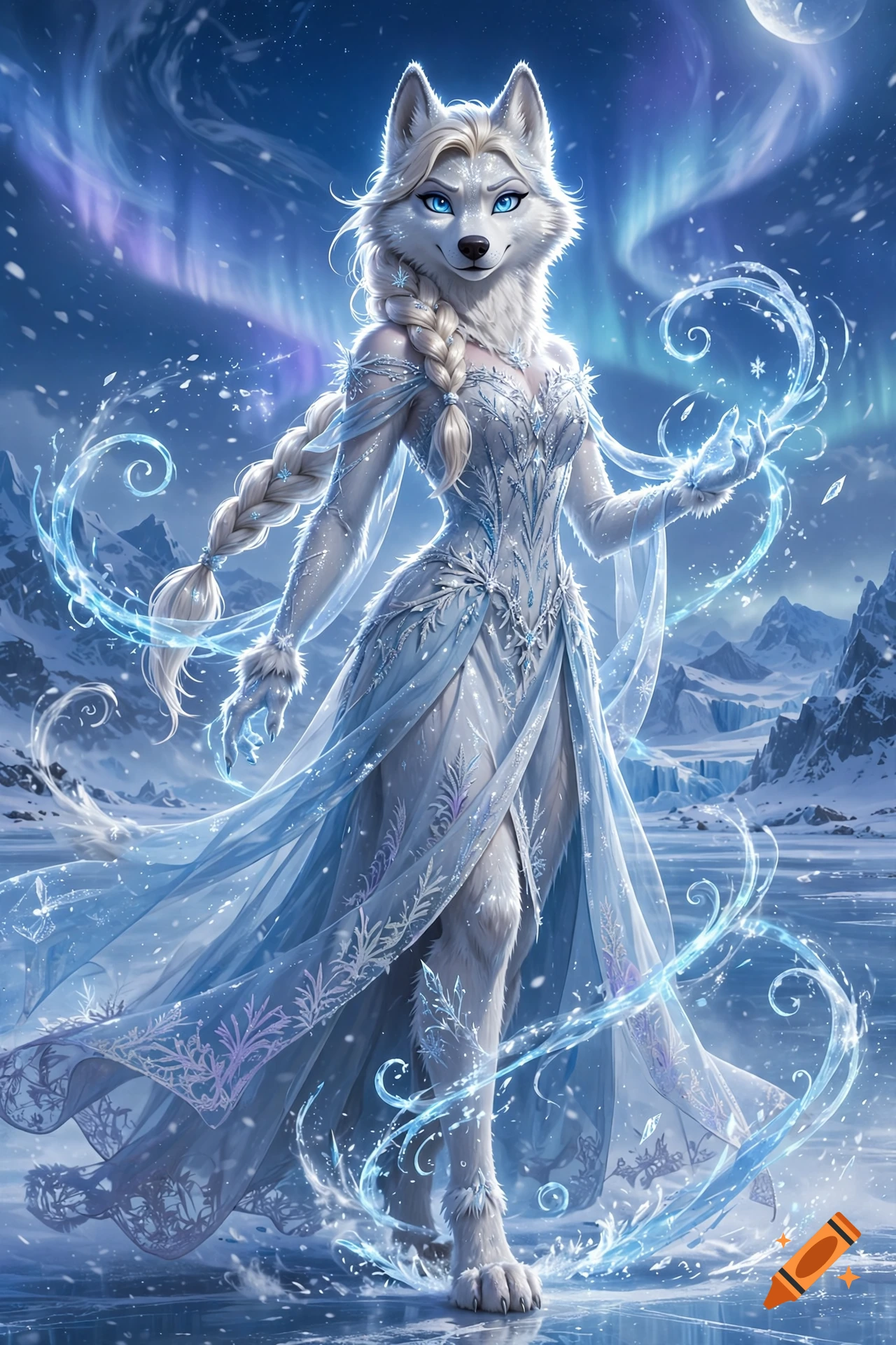 Anthro white husky in an ornate icy blue gown surrounded by swirling frost and a snowy mountain landscape under a northern lights sky.
