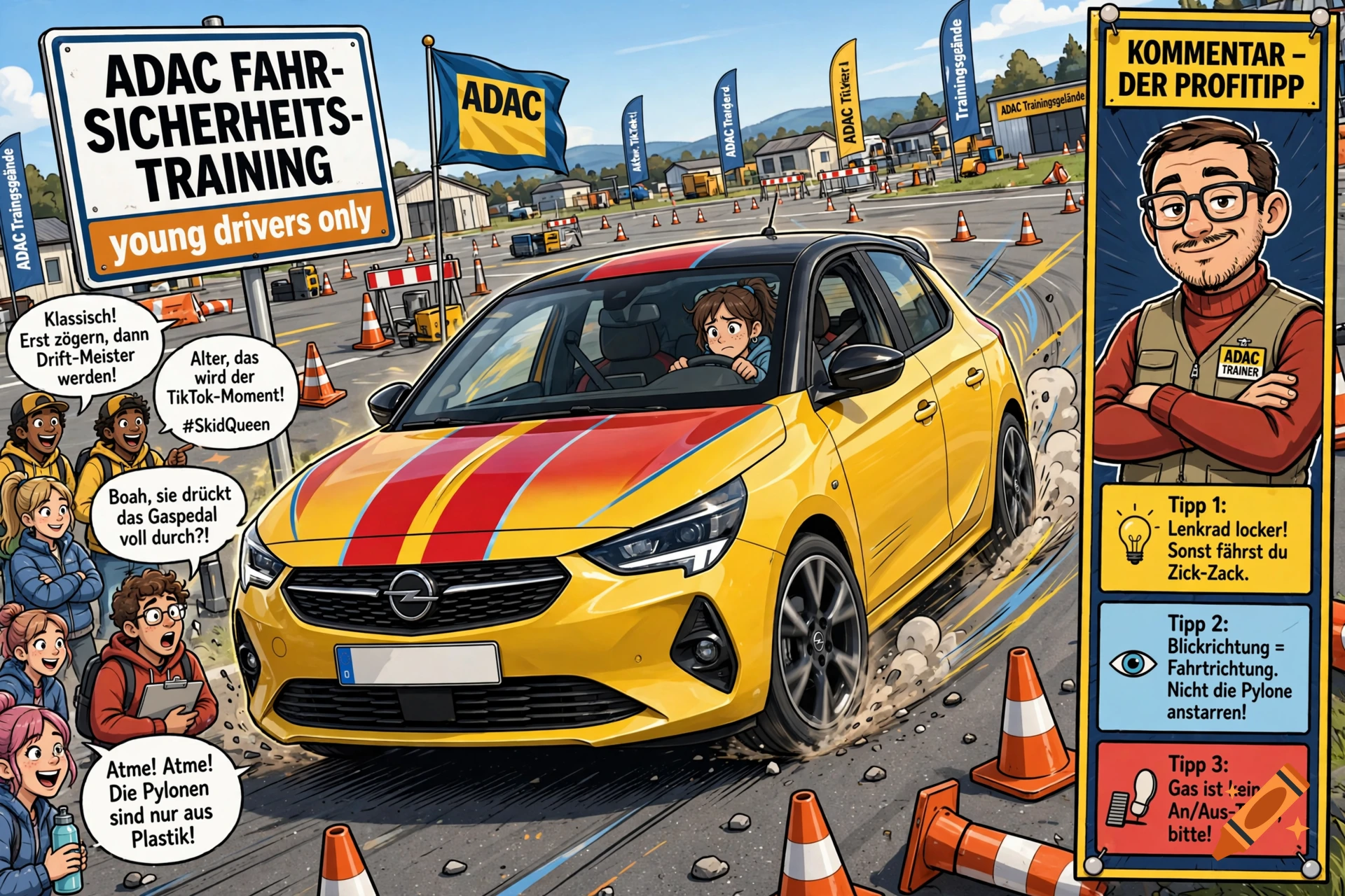 Comic-style illustration of a yellow Opel Corsa drifting at a young drivers safety training course with cheering spectators and tips panel on the right.