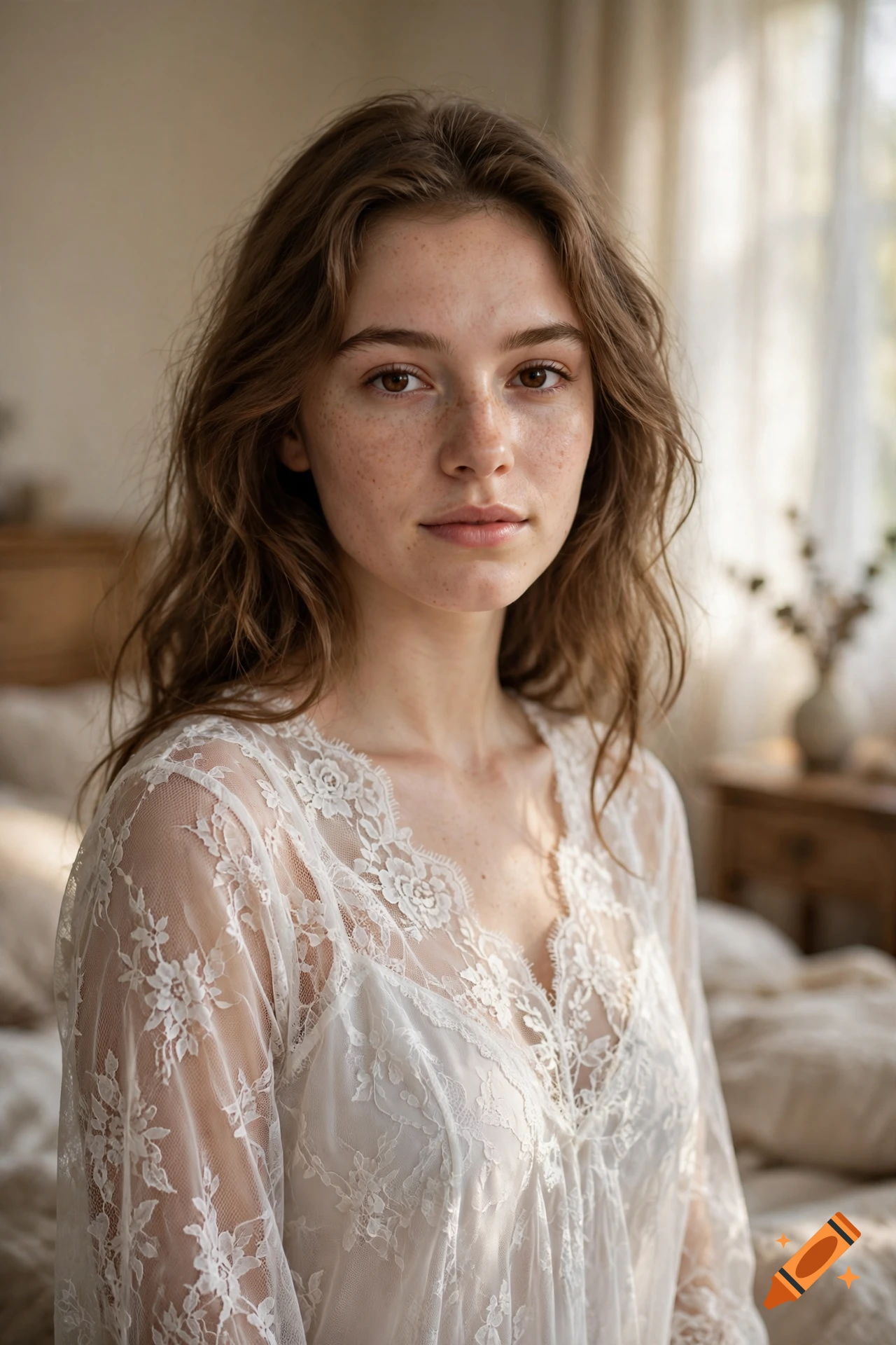 Photorealistic portrait of a young woman with wavy brown hair and freckles, wearing a white lace nightgown in a sunlit bedroom.