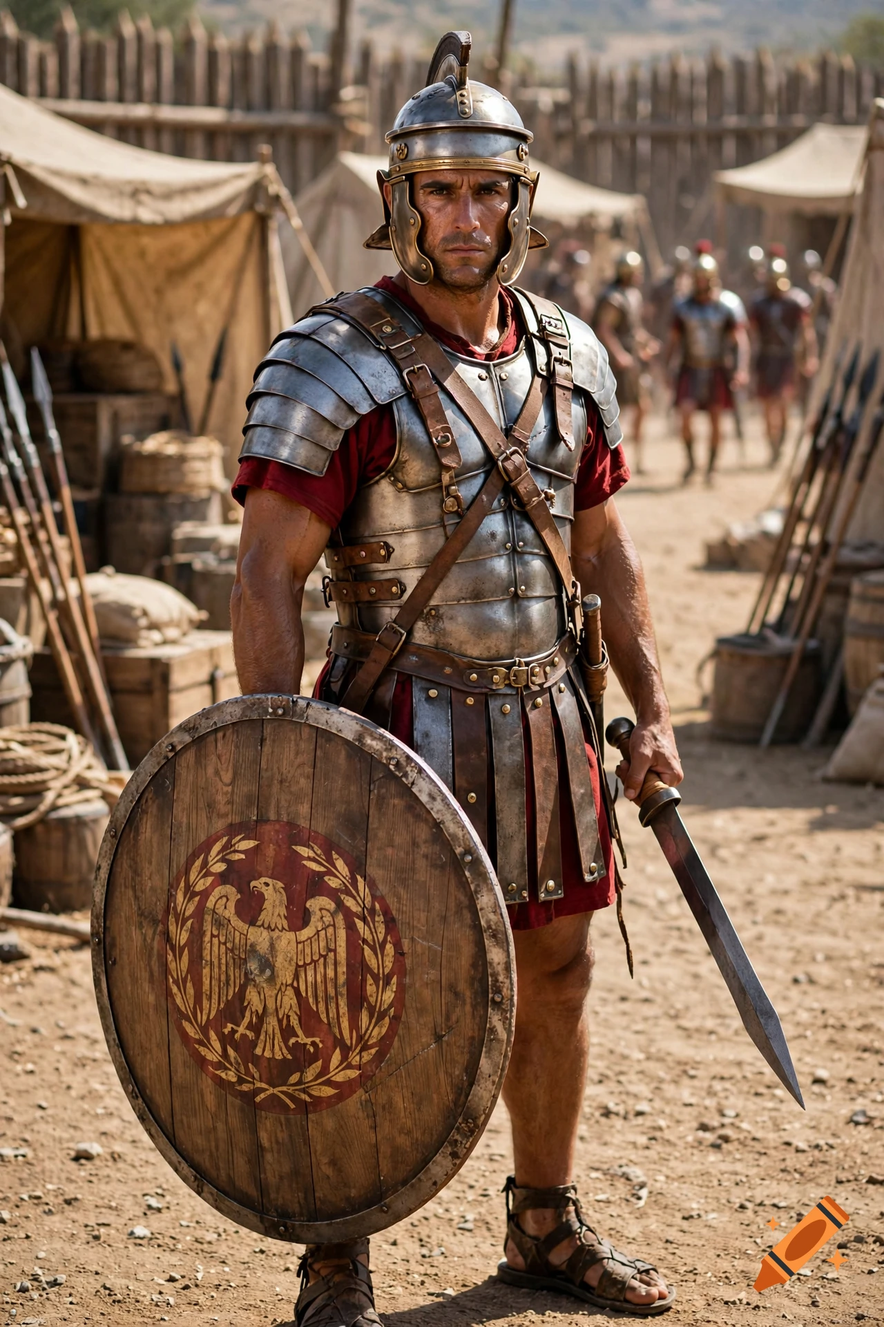 Photorealistic full-length portrait of a Roman soldier in metal armor and helmet, holding a wooden shield and sword in a military camp.