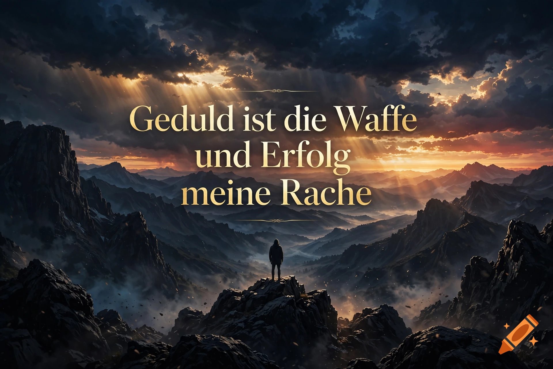 A lone figure standing on a rocky mountain peak at sunset with dramatic clouds and German text overlay.