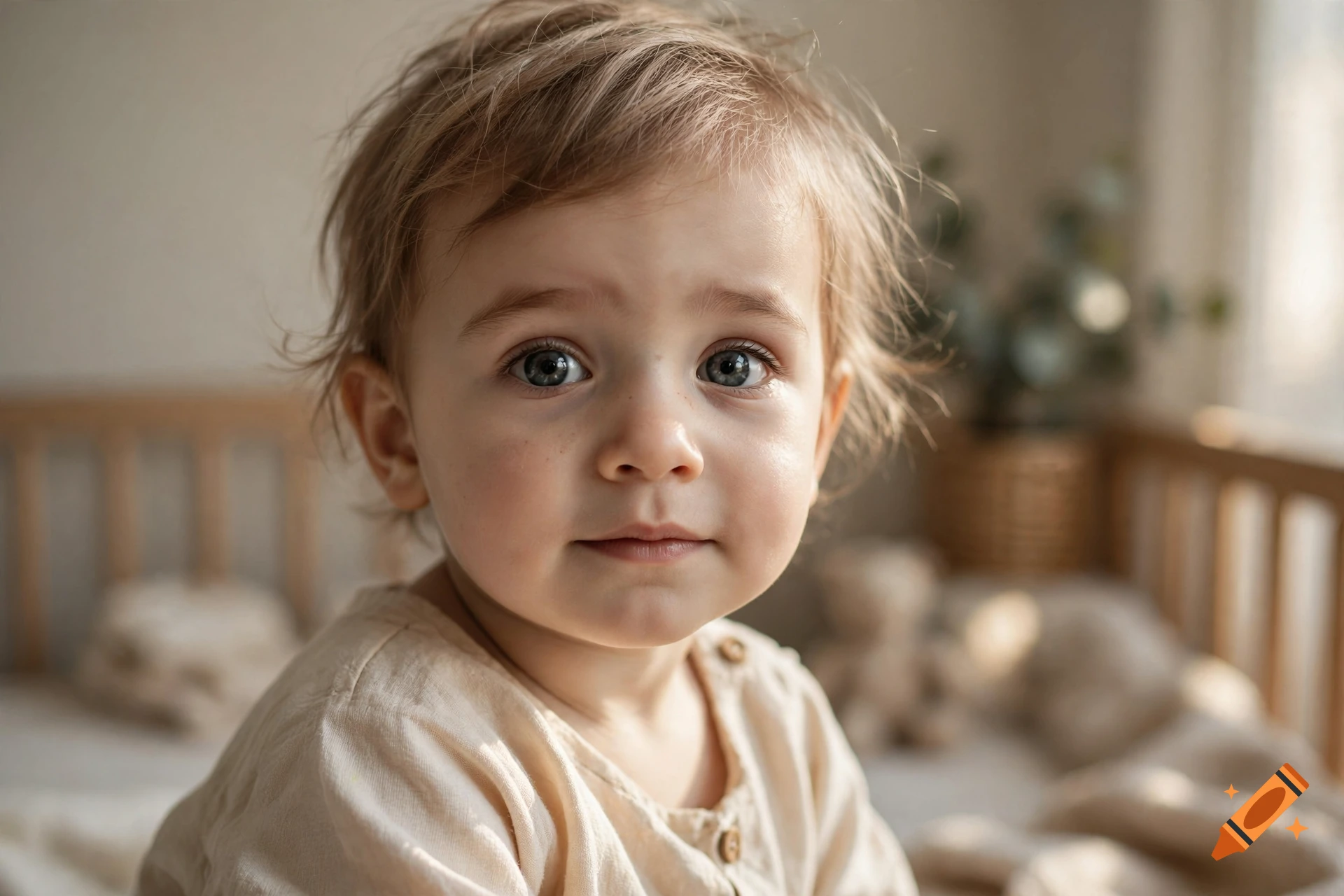 Close-up photorealistic portrait of a young toddler looking at the camera in a softly lit room.