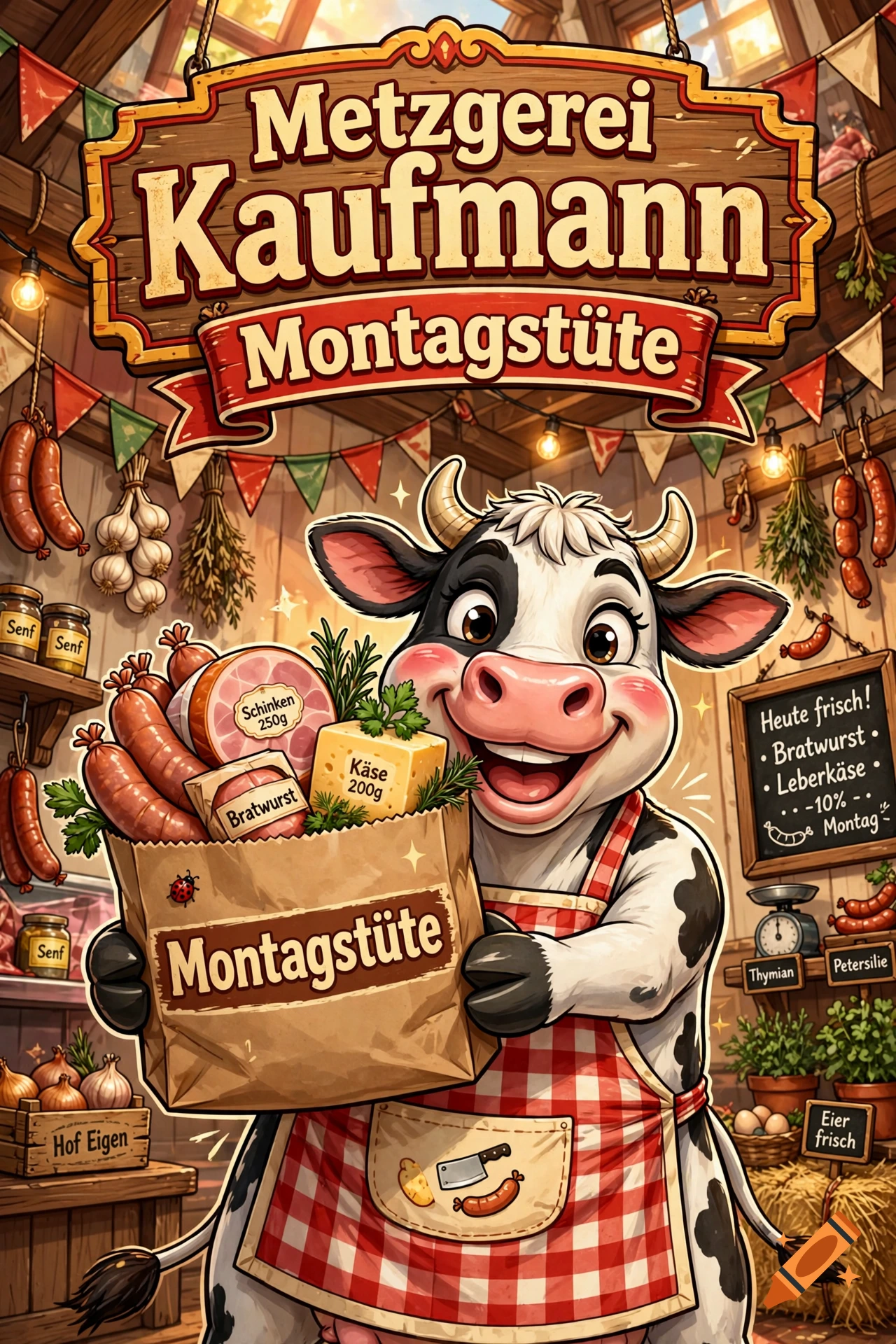 Cartoon cow wearing a checkered apron, proudly holding a paper grocery bag filled with sausages and cheese inside a butcher shop, digital illustration style.