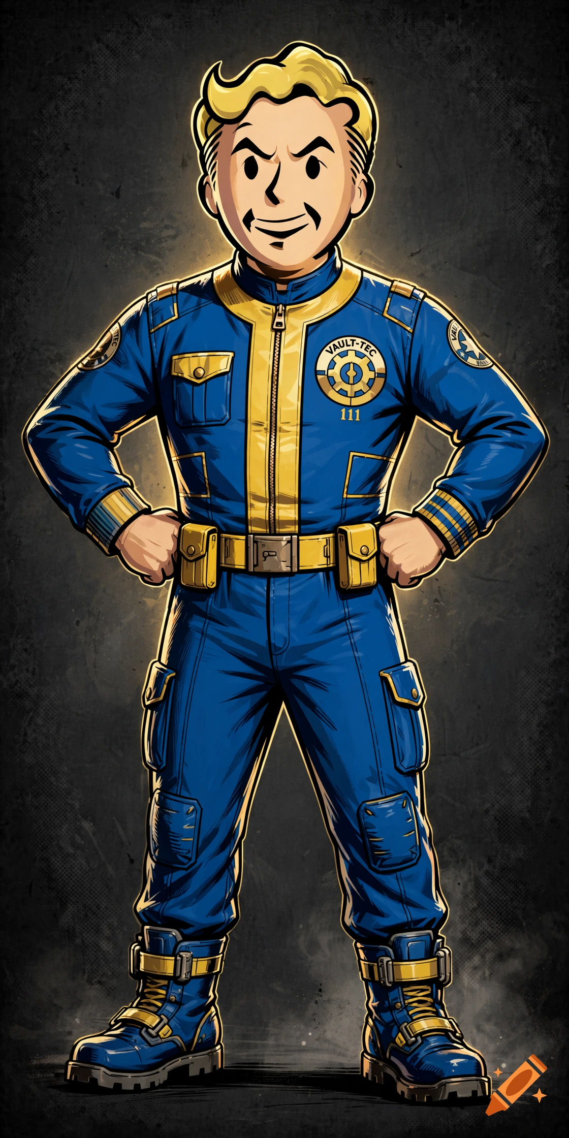 Cartoon illustration of Vault Boy from Fallout in a blue and yellow jumpsuit, standing with hands on hips.