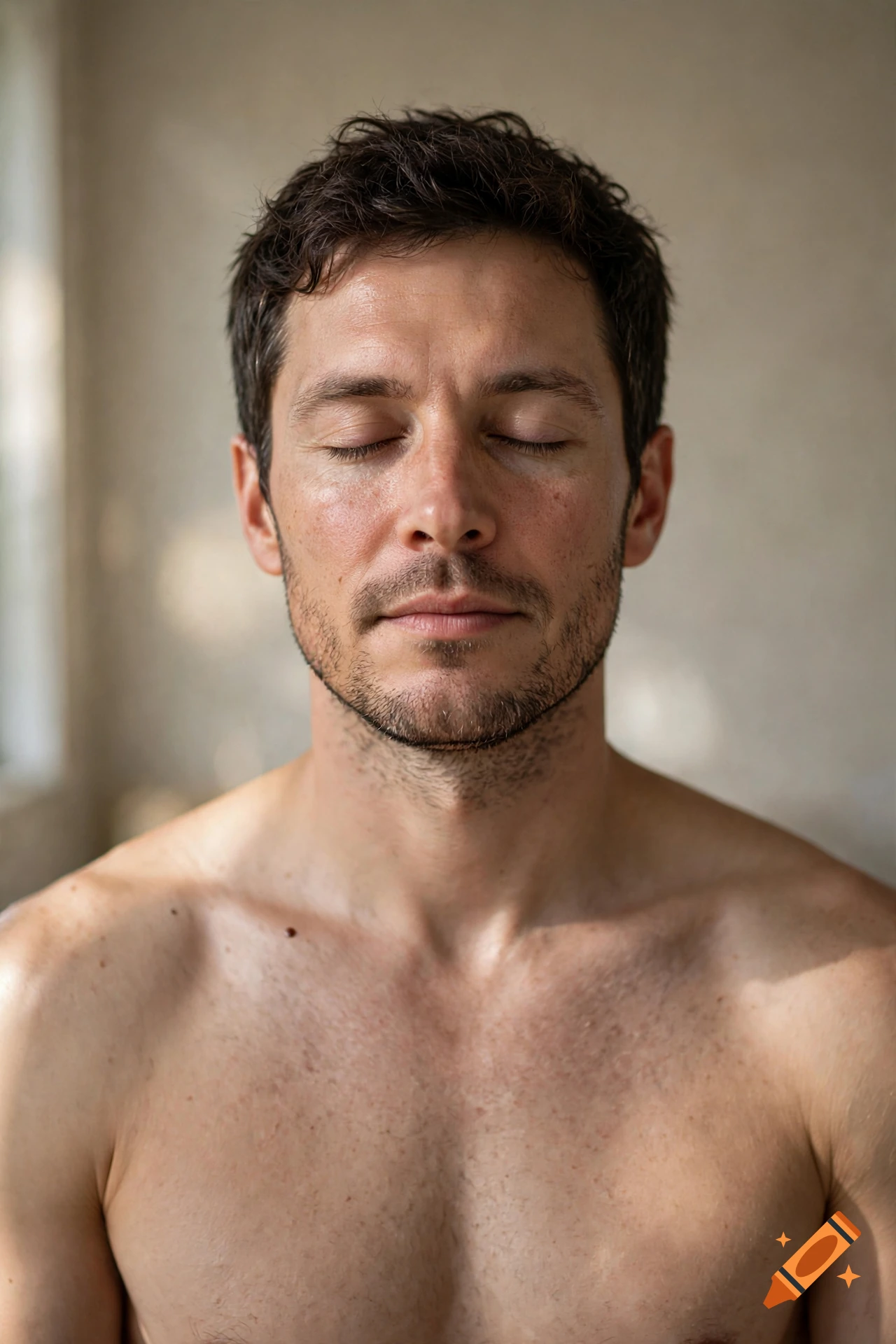 Photorealistic close-up portrait of a man with eyes closed and bare torso against a neutral background.