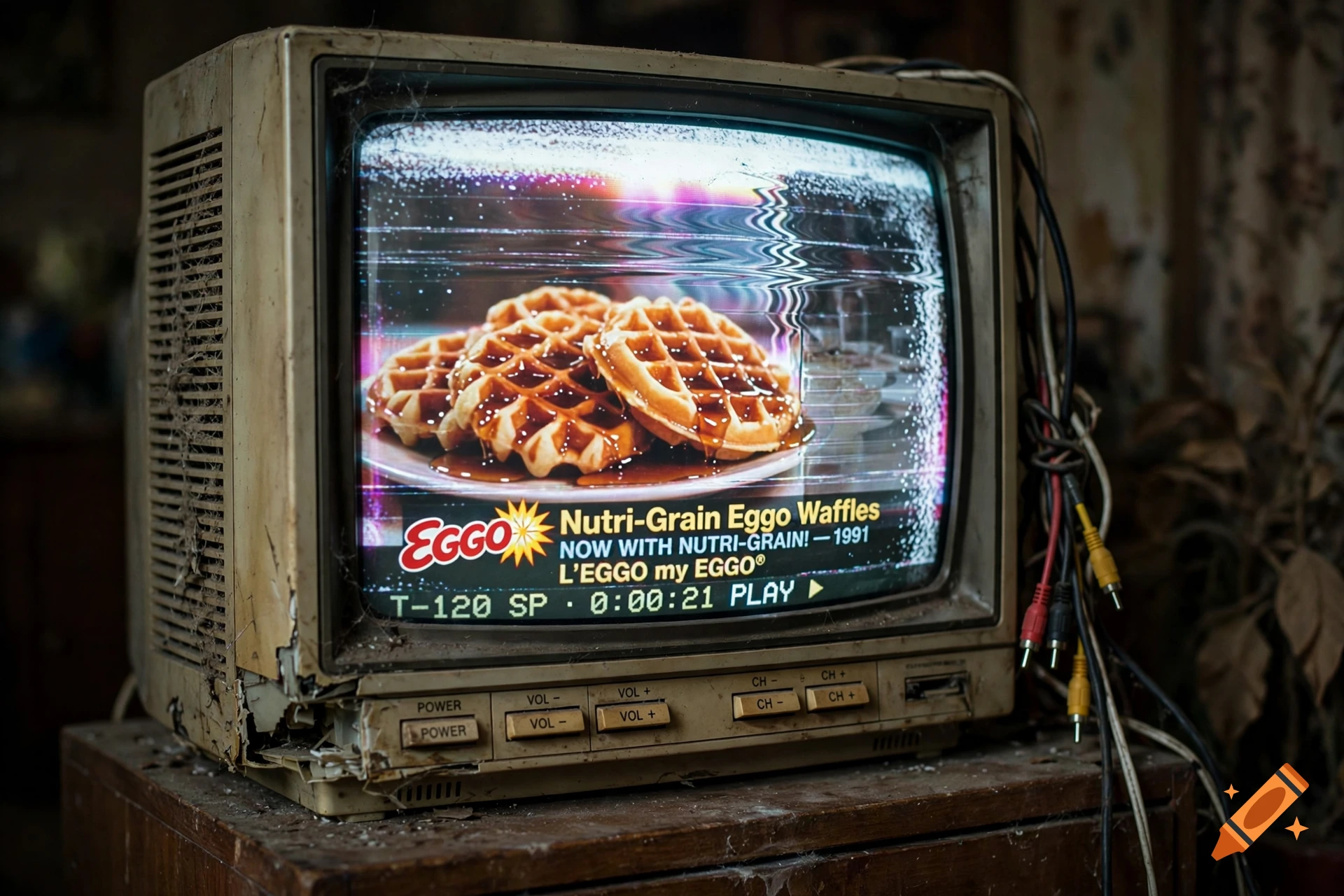 An old, damaged CRT television displaying a grainy 1991 Eggo waffles commercial with syrup-covered waffles on a plate.
