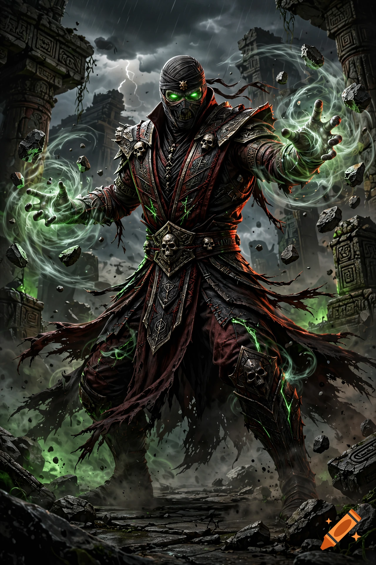 A ninja character with green glowing eyes and magic floating rock elements amidst ancient ruins, dark fantasy art style.