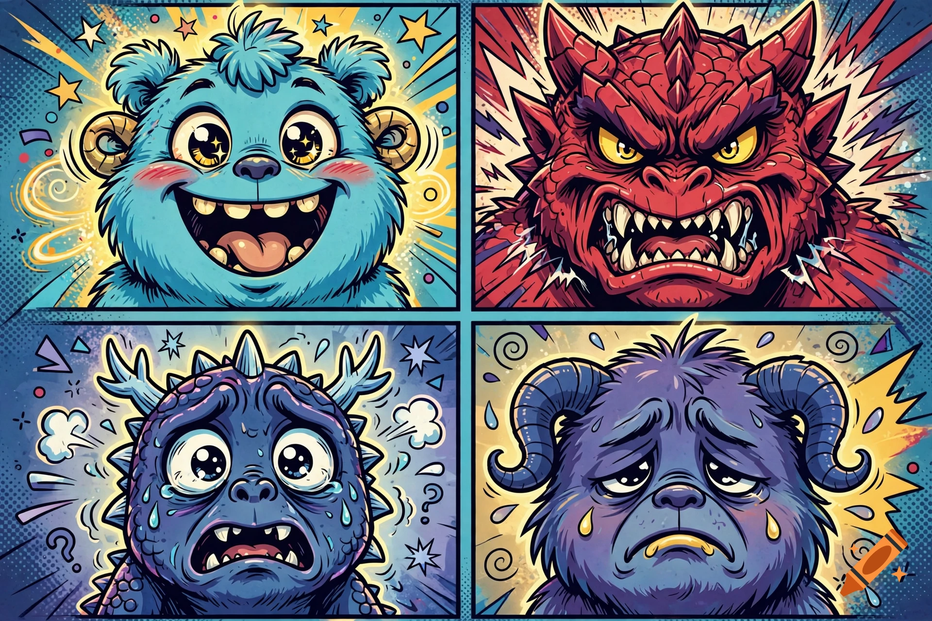 A comic-style illustration featuring four panels with different colorful monsters expressing various emotions like joy, anger, fear, and sadness.