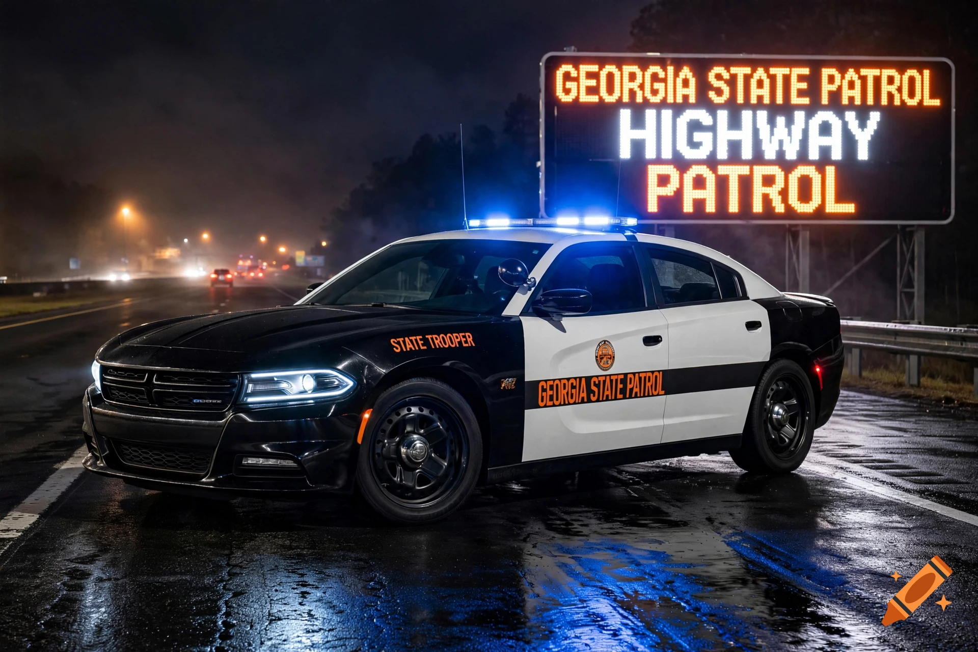 Photorealistic image of a Georgia State Patrol Dodge Charger parked on a wet highway at night with blue lights flashing and an overhead sign.