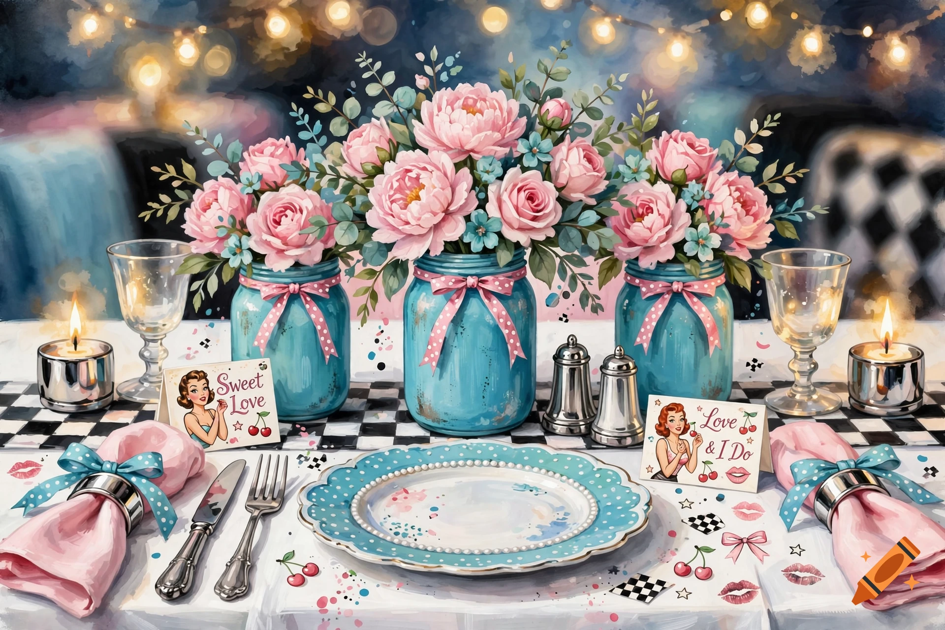 Rockabilly-style wedding table decoration with turquoise jars, pink peonies, candles, and vintage retro cards in watercolor illustration.