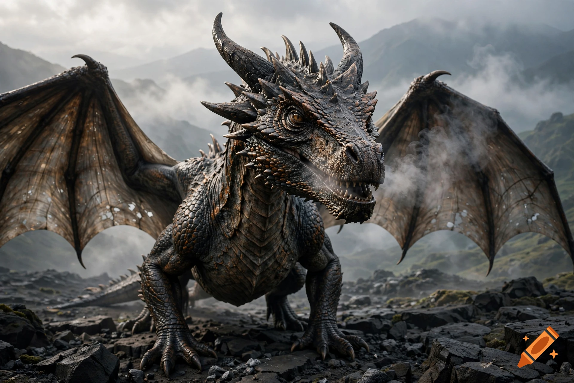 A detailed, realistic dragon with scaly, dark skin and expansive wings stands among rugged rocks with misty mountains in the background, exhaling vapor.