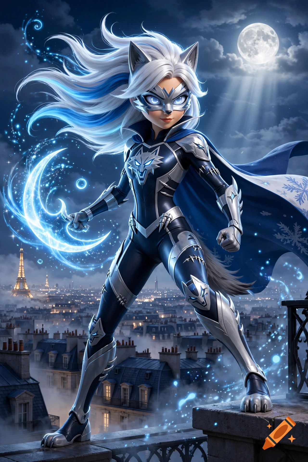 3D animated superhero with white and blue hair, wearing a wolf costume, standing on a Parisian rooftop at night under a full moon.