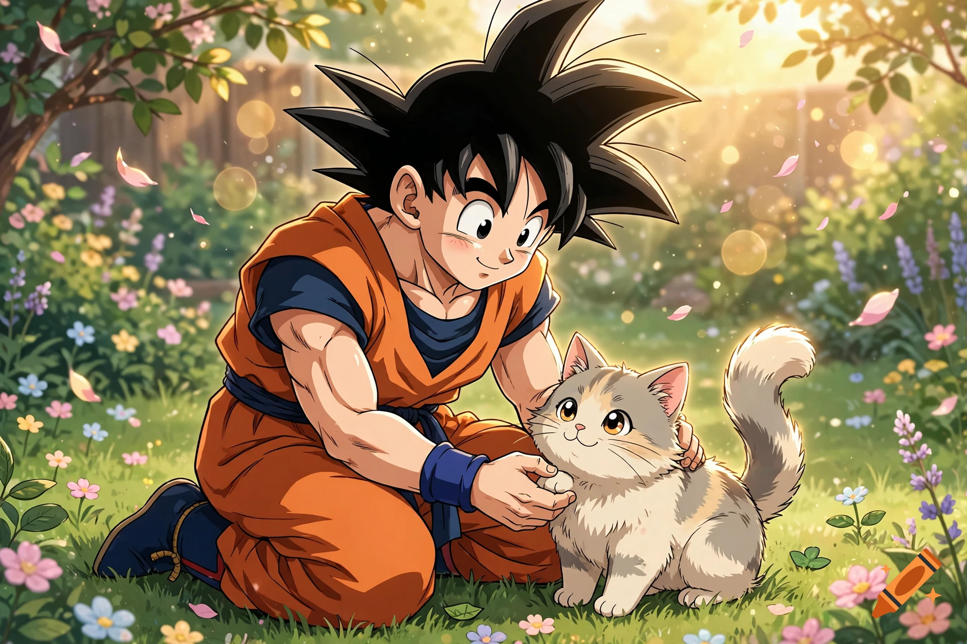 Anime style illustration of Goku kneeling in a sunny garden and petting a fluffy cat.