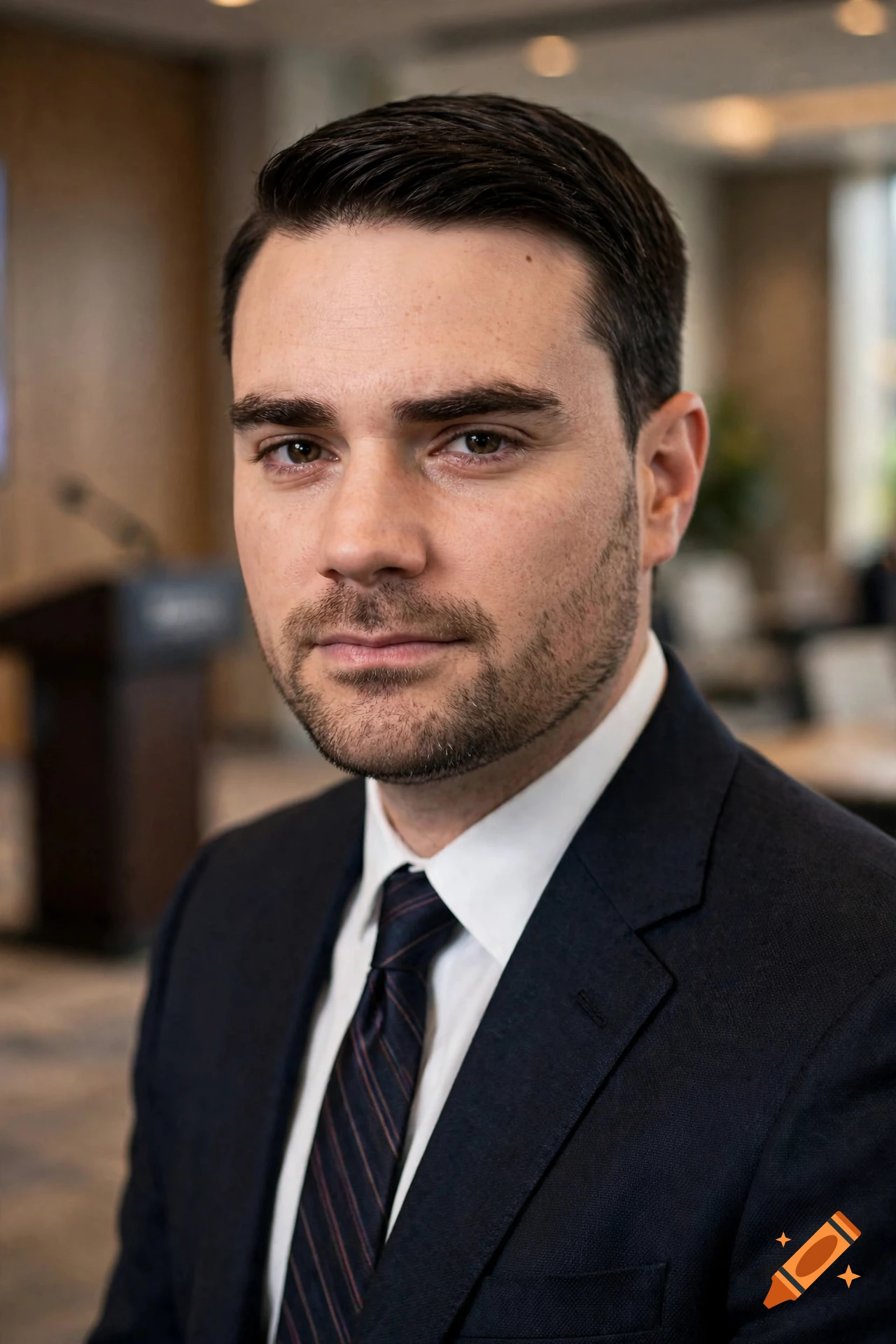 Close-up photorealistic portrait of a man in a dark suit and striped tie.