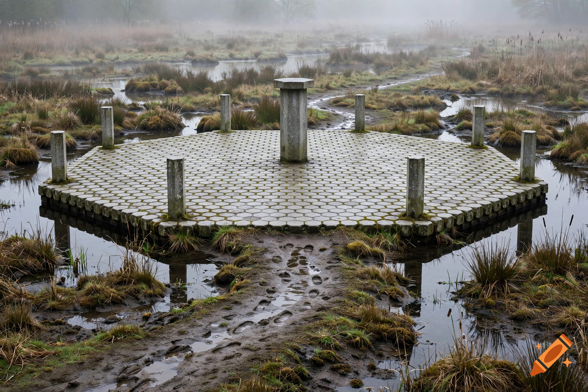 A photorealistic image of a hexagonal stone platform with pillars in the middle of a misty marsh, connected by a muddy causeway.