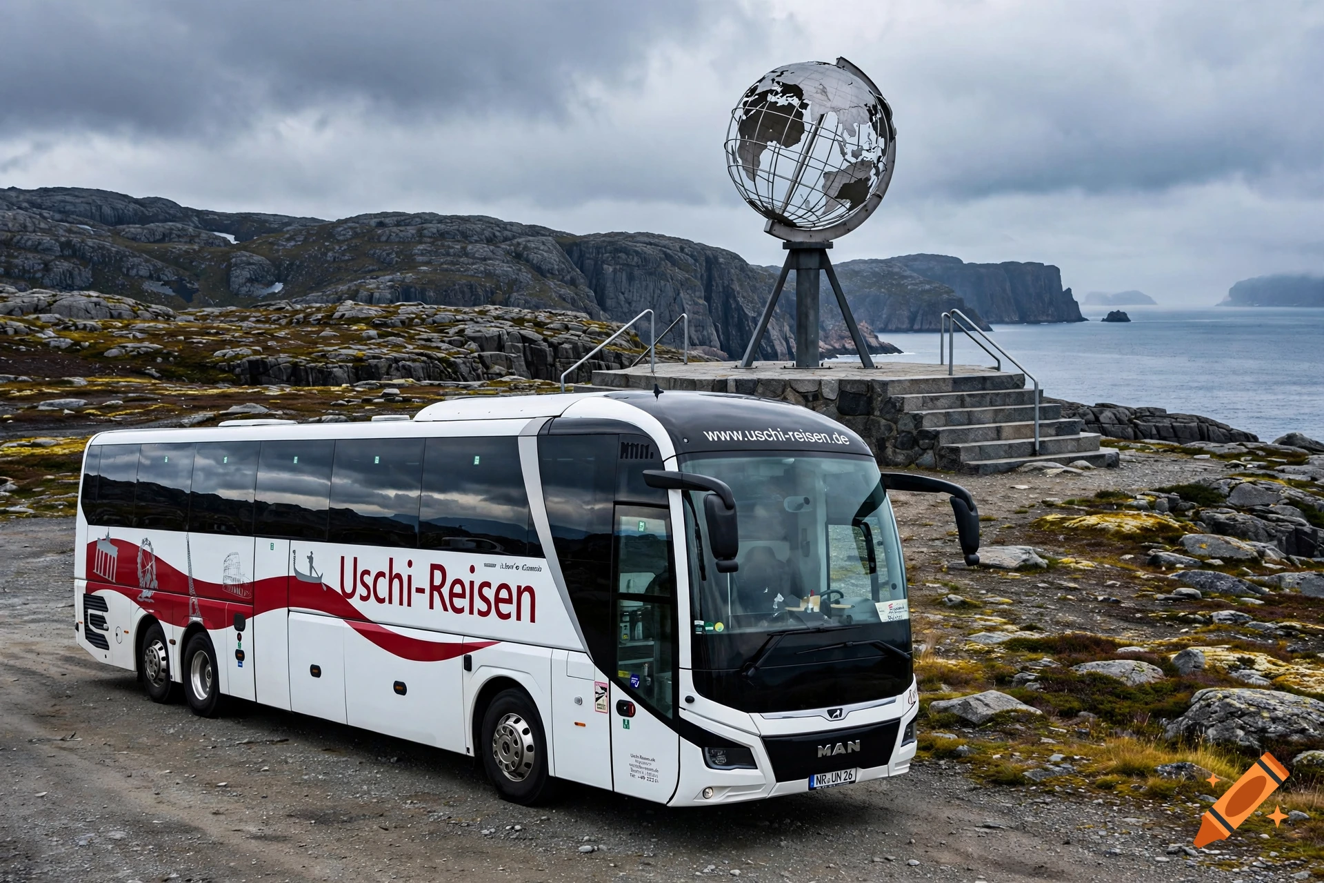 A white tour bus from Uschi Reisen parked in front of the North Cape globe monument in Norway.