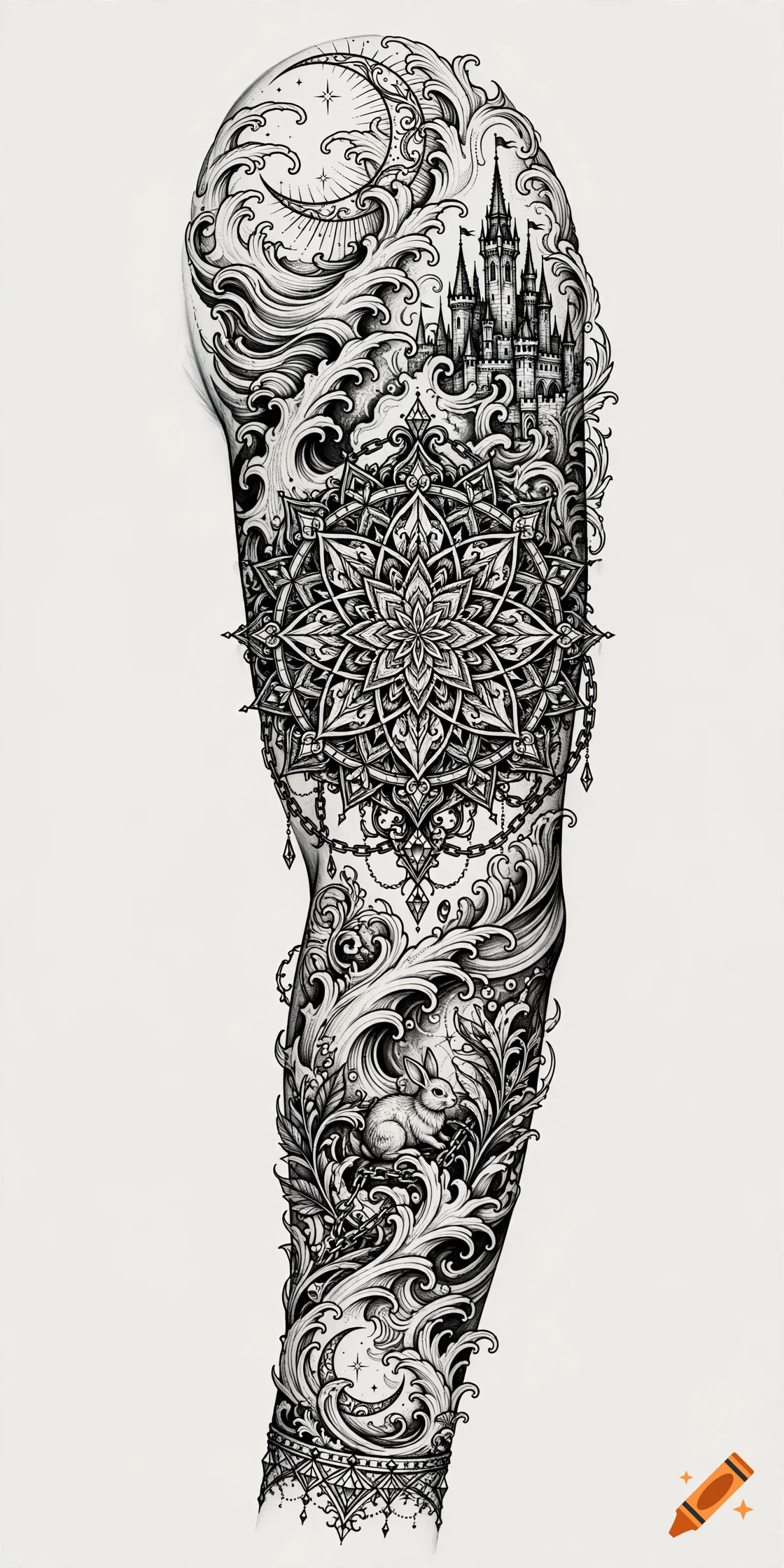 Detailed black and white tattoo sleeve design featuring a mandala, a castle, waves, and a small rabbit.