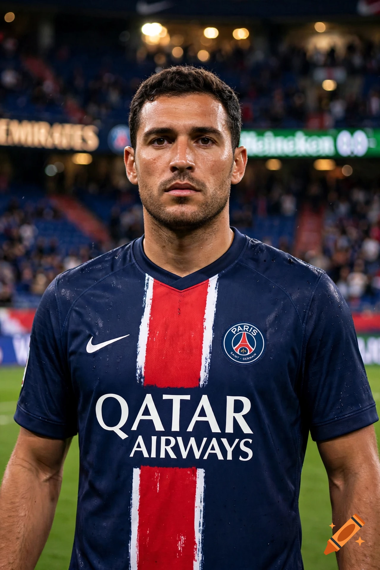 Photorealistic medium shot of a male soccer player wearing a PSG jersey with Qatar Airways branding in a stadium.