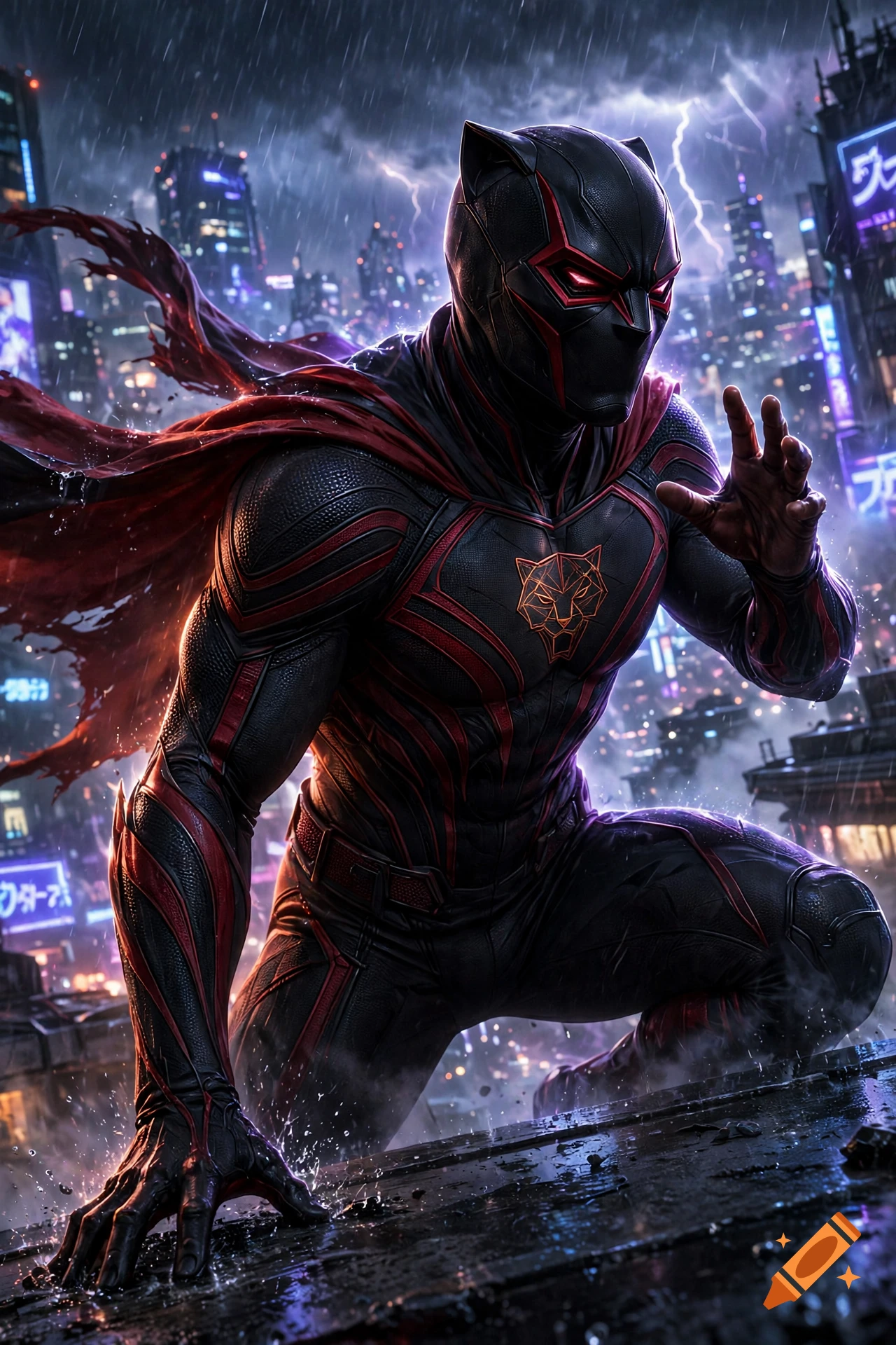 A superhero wearing a black and red suit with a cape, crouching on a rooftop in a futuristic city during a rainstorm.