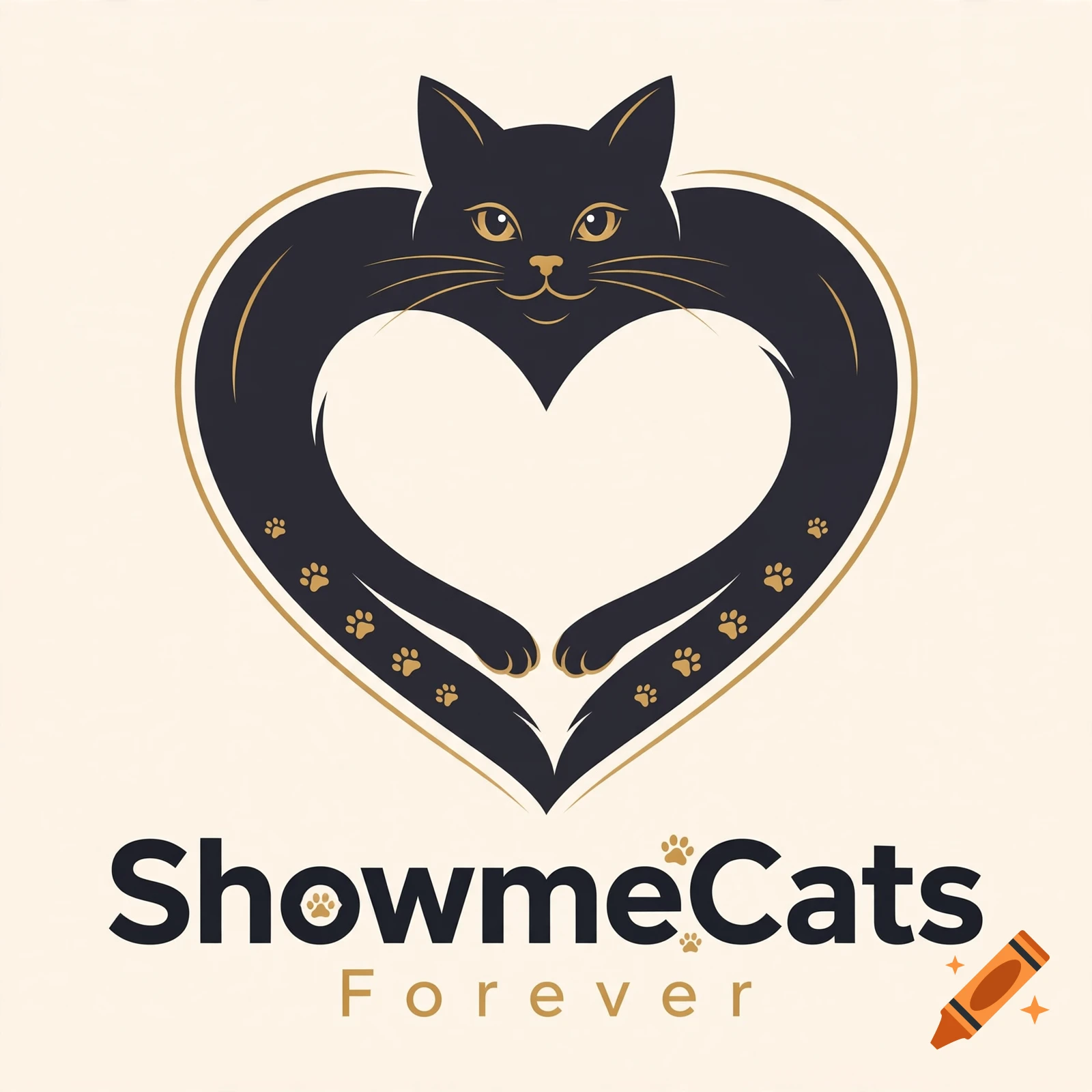 Logo featuring a black cat forming a heart shape with its body and tail, with the text 'ShowmeCats Forever' below, vector art style.