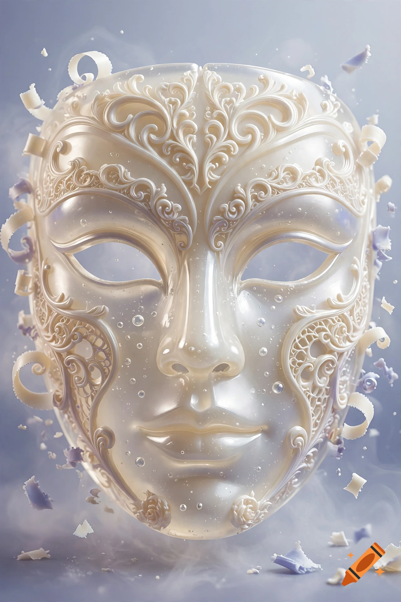 An ornate white soap mask with intricate filigree details and bubbles floating around it.
