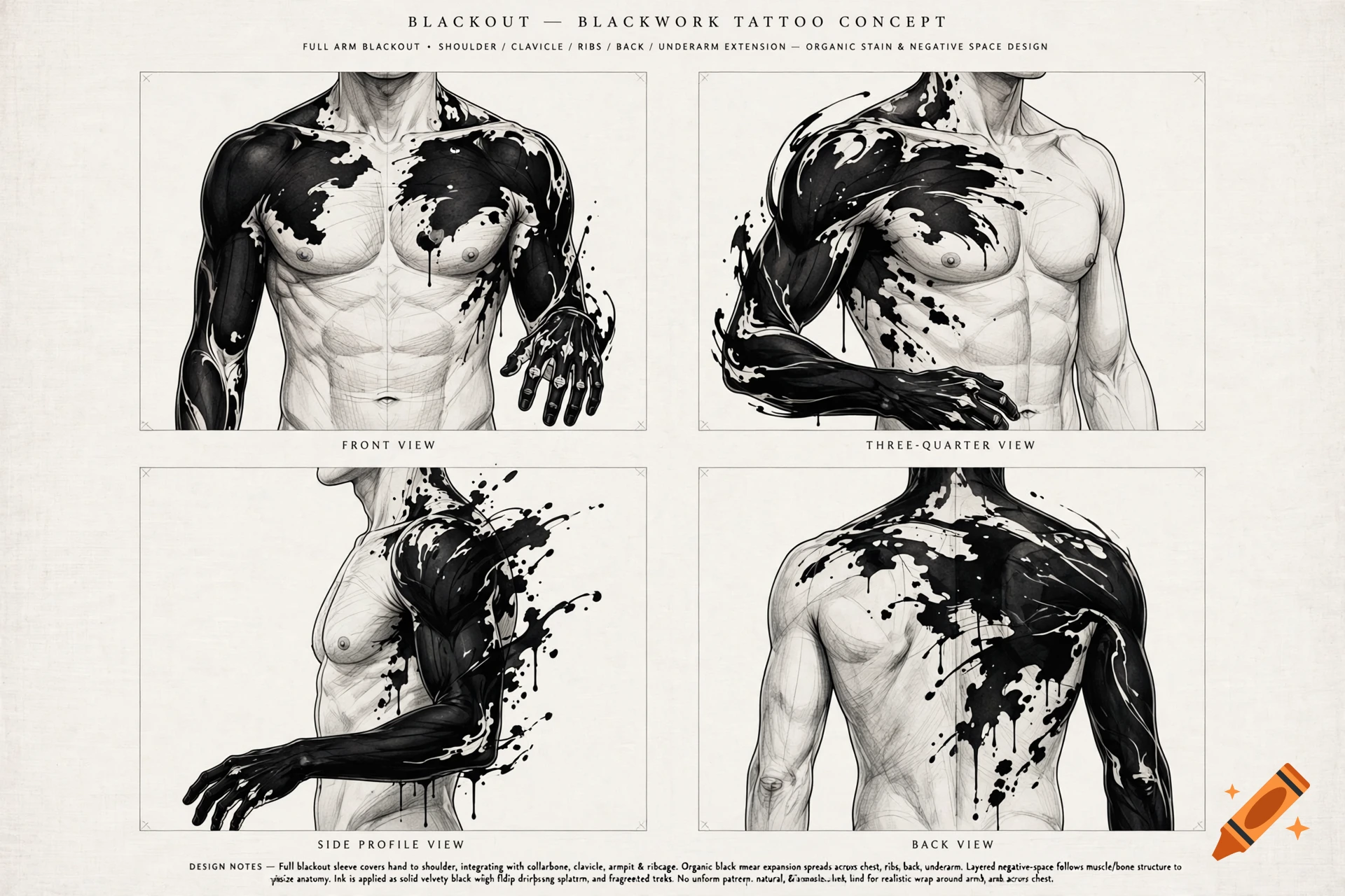 Four-panel blackwork tattoo concept showing front, side, and back views of a male torso with organic black ink splashes.