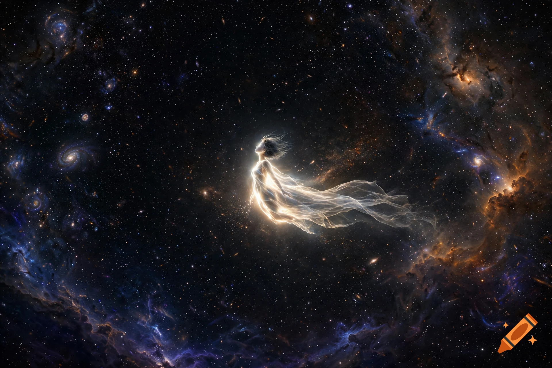 A glowing ethereal figure with flowing robes floating through a vast star-filled galaxy with nebulae.