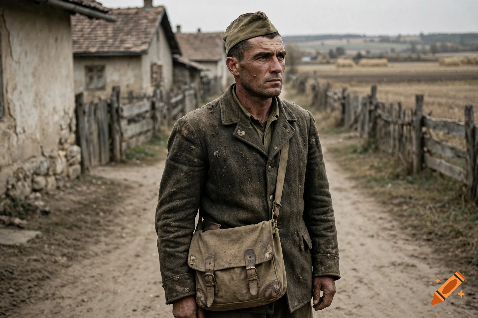Photorealistic portrait of a middle-aged male fighter in historical military uniform with a satchel, standing in a rural dirt road.