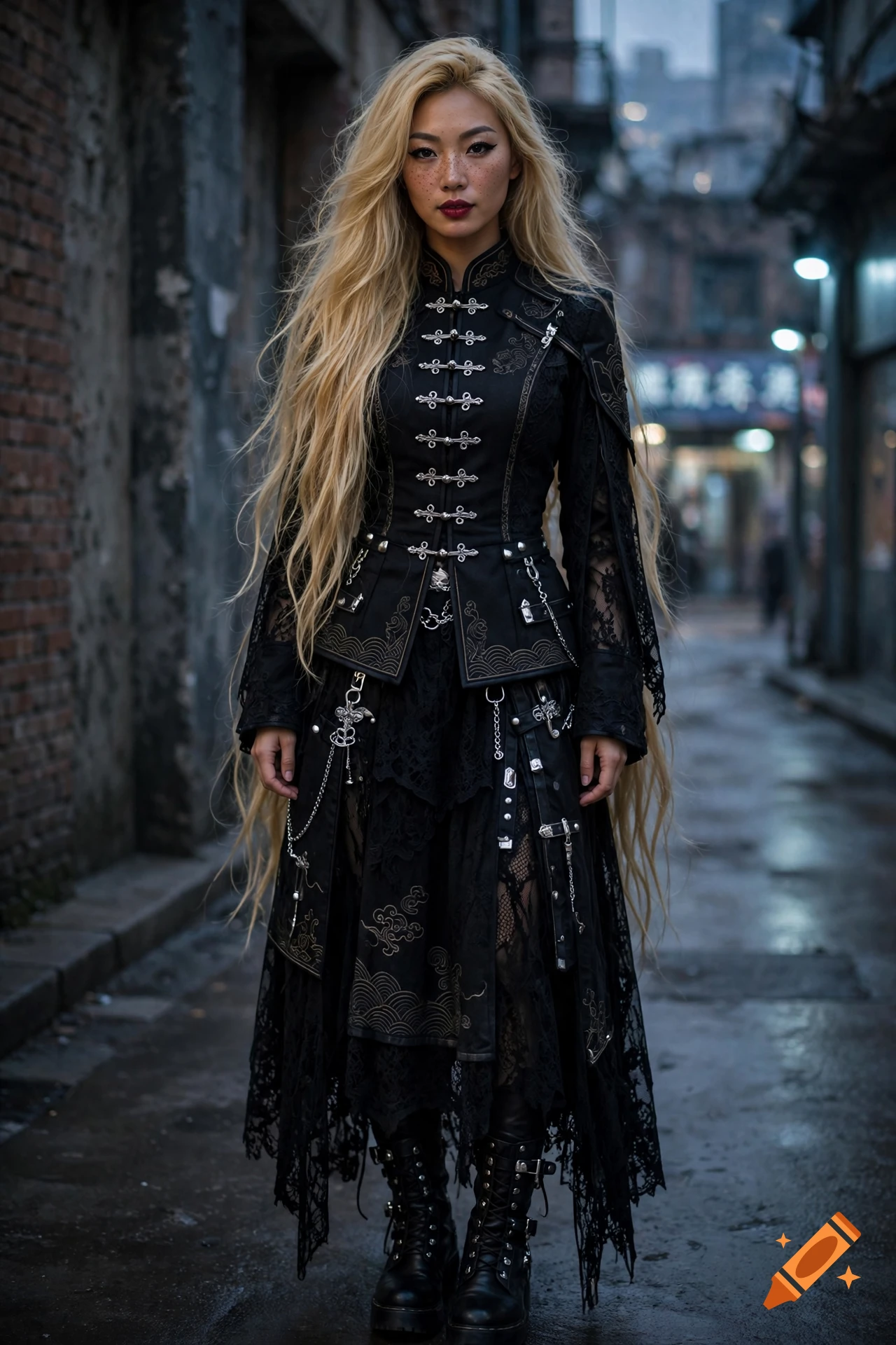 Photorealistic full-length portrait of a Chinese trad goth girl with long blonde hair and tan skin in an alleyway.