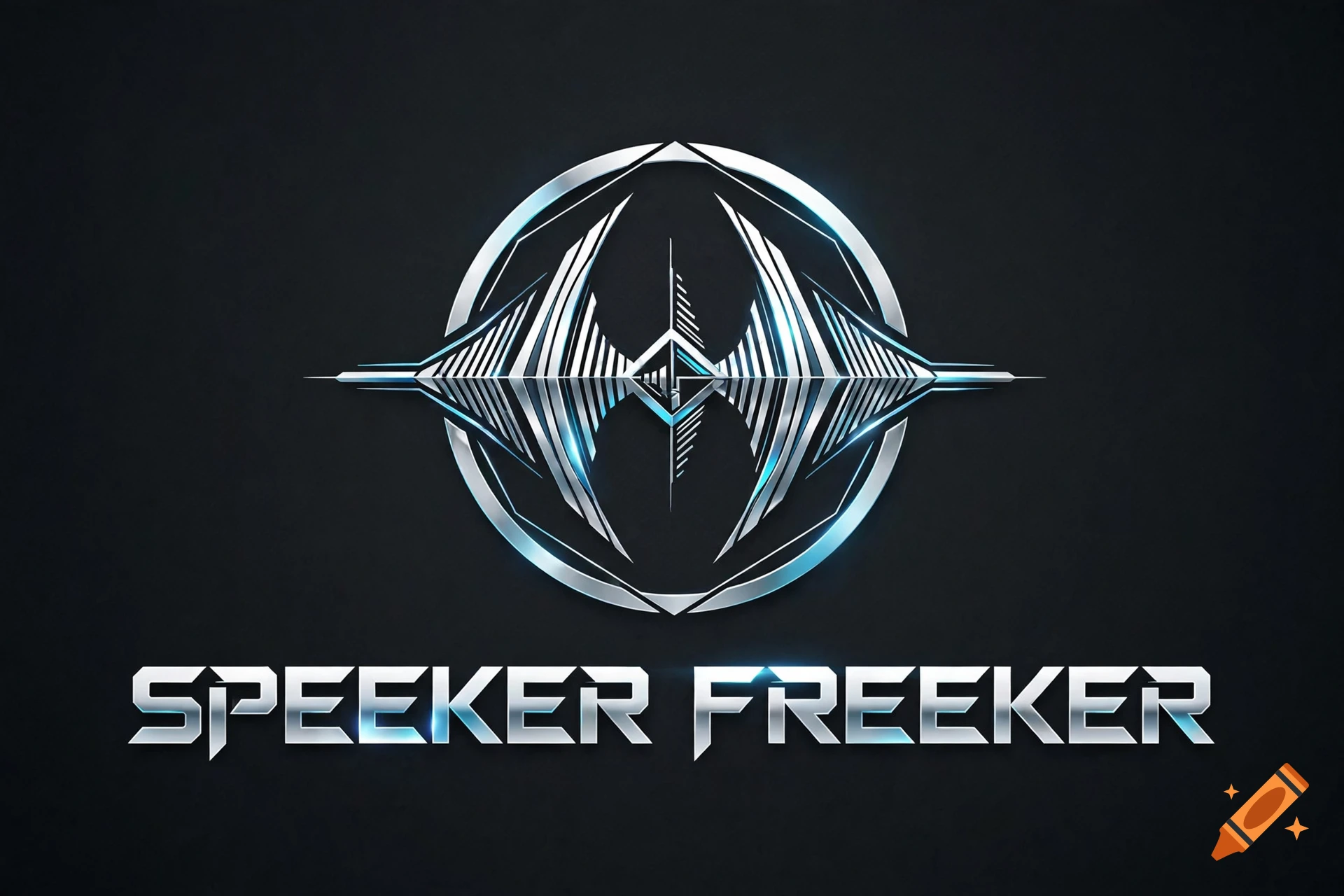 Futuristic silver metallic logo with soundwave design and the text "SPEEKER FREEKER" on a dark textured background.