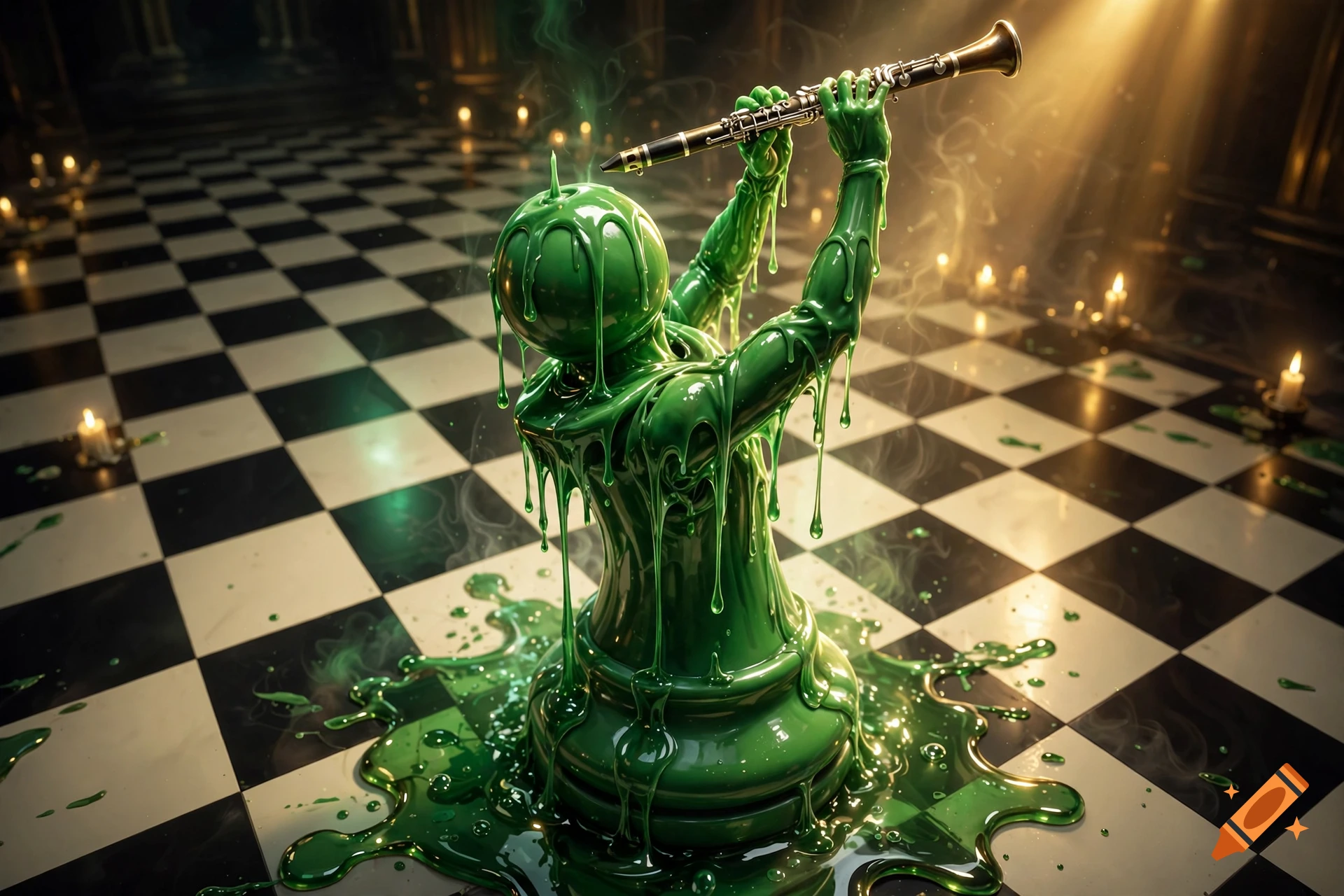 A melting green wax chess pawn figure playing a clarinet on a black and white checkerboard floor in a warm-lit room.